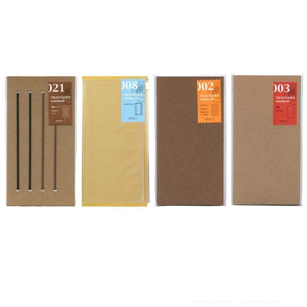 Midori Traveler's Notebook/ Regular Size Refill Bundle Set (C-set) Connection Band 021 , Clear Zipper Pocker 008 , Grid Note Book 002 , Blank 003