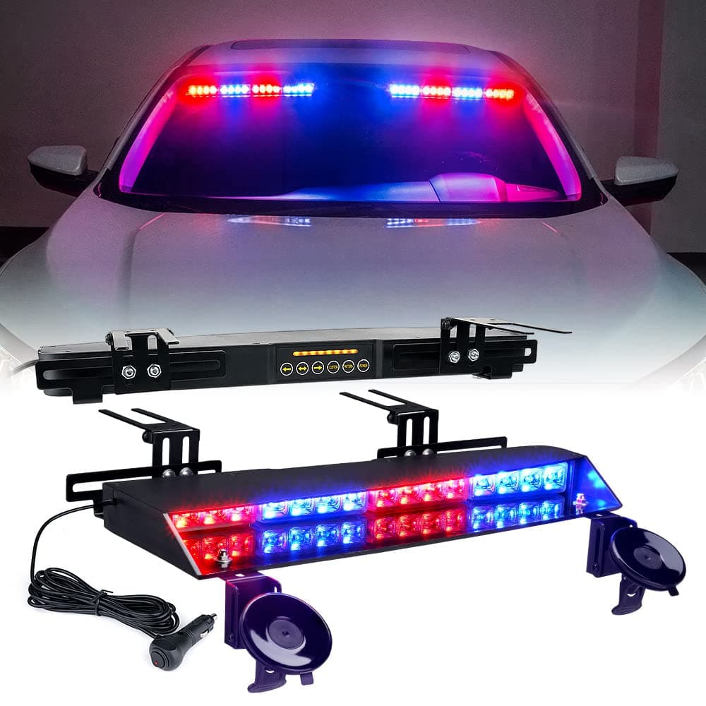 Xprite Red Blue LED Dual Visor Strobe Light Bar, Windshield Sunvisor Emergency Safety Warning Police Traffic Advisor Flashing Lightbars w/Suction Cup for Volunteer Firefighter POV Vehicles Trucks