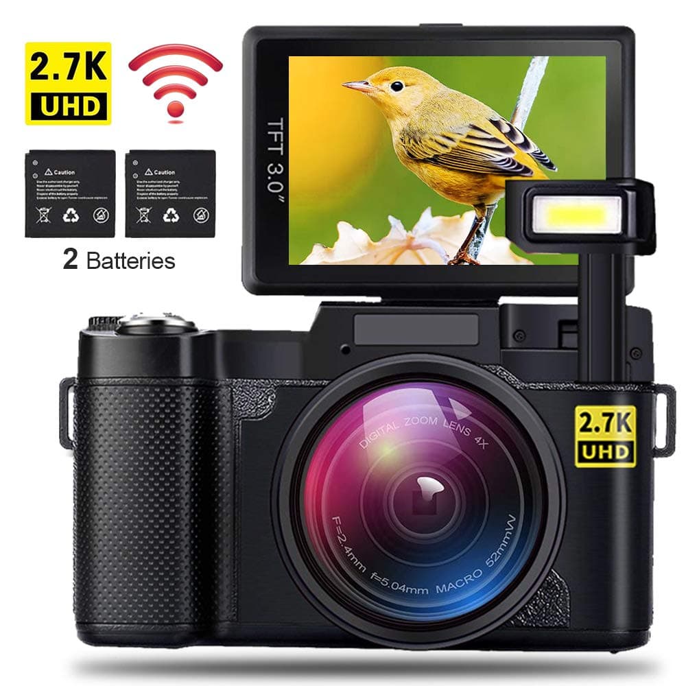 AMKOV CD-R2 Digital Camera Vlogging Camera 24MP 2.7K 1080P WIFI Camcorder with 4x Optical Zoom, 2 Rechargeable Batteries, 3 Inch 180°Flip Screen Retractable Flashlight Easy Operation to Seniors/Kids