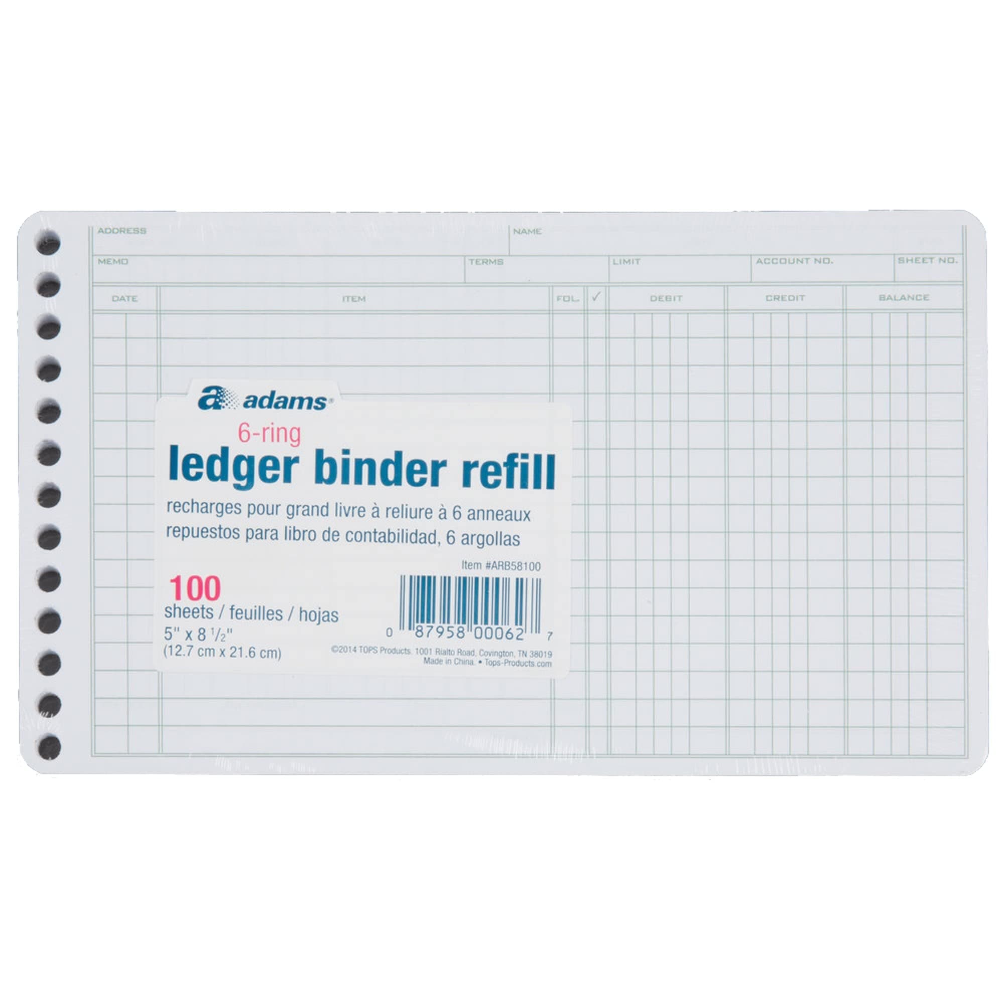 ARB58100 Ledger Binder Refill Sheets 6-Ring 5 x 8 1/2 Green/White 100 Sheets/Pack