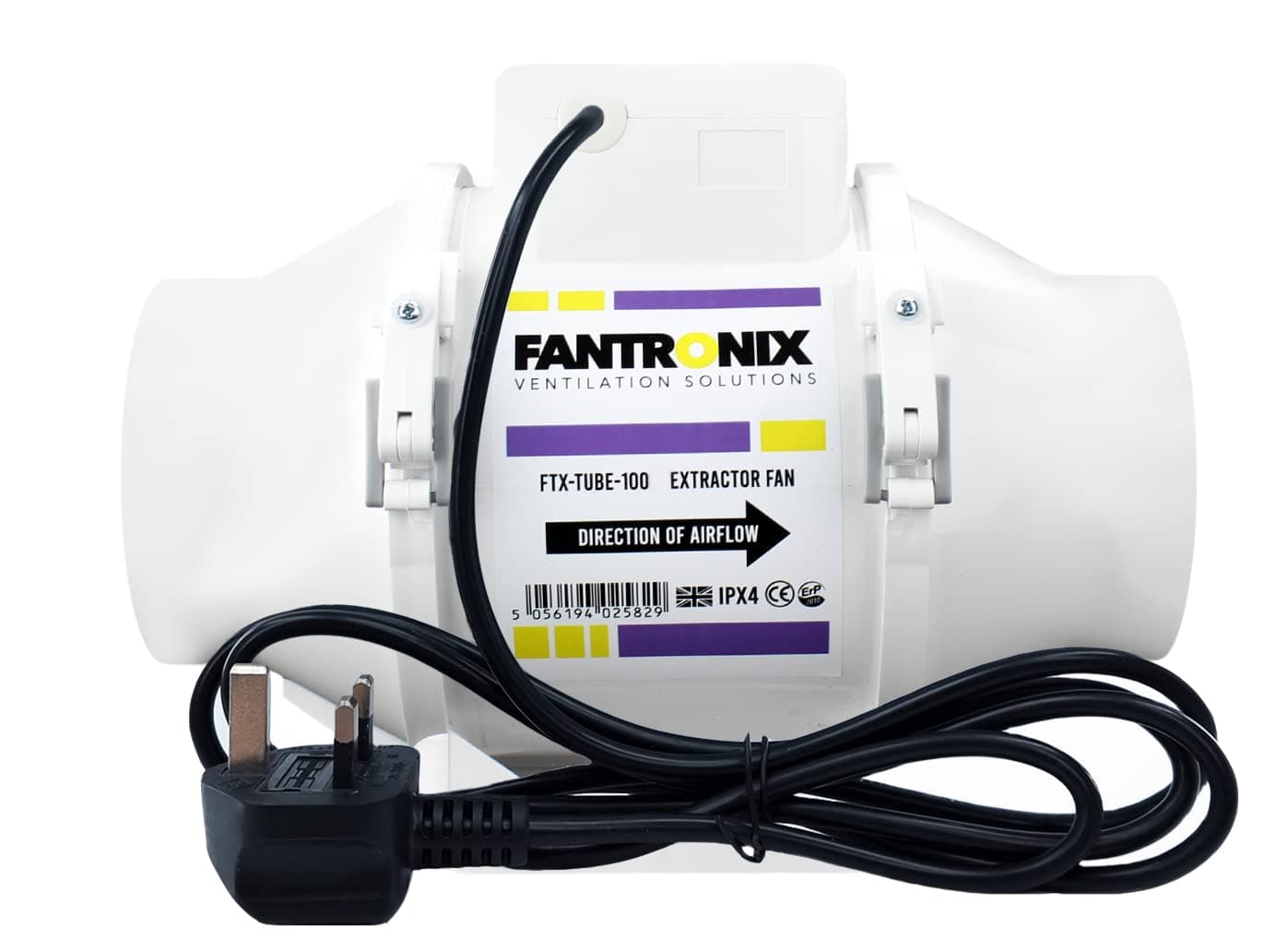 100 mm (4”) Inline Extractor Fan with UK Plug – Powerful Bathroom & Grow Room Ventilation Fan, Energy Class E