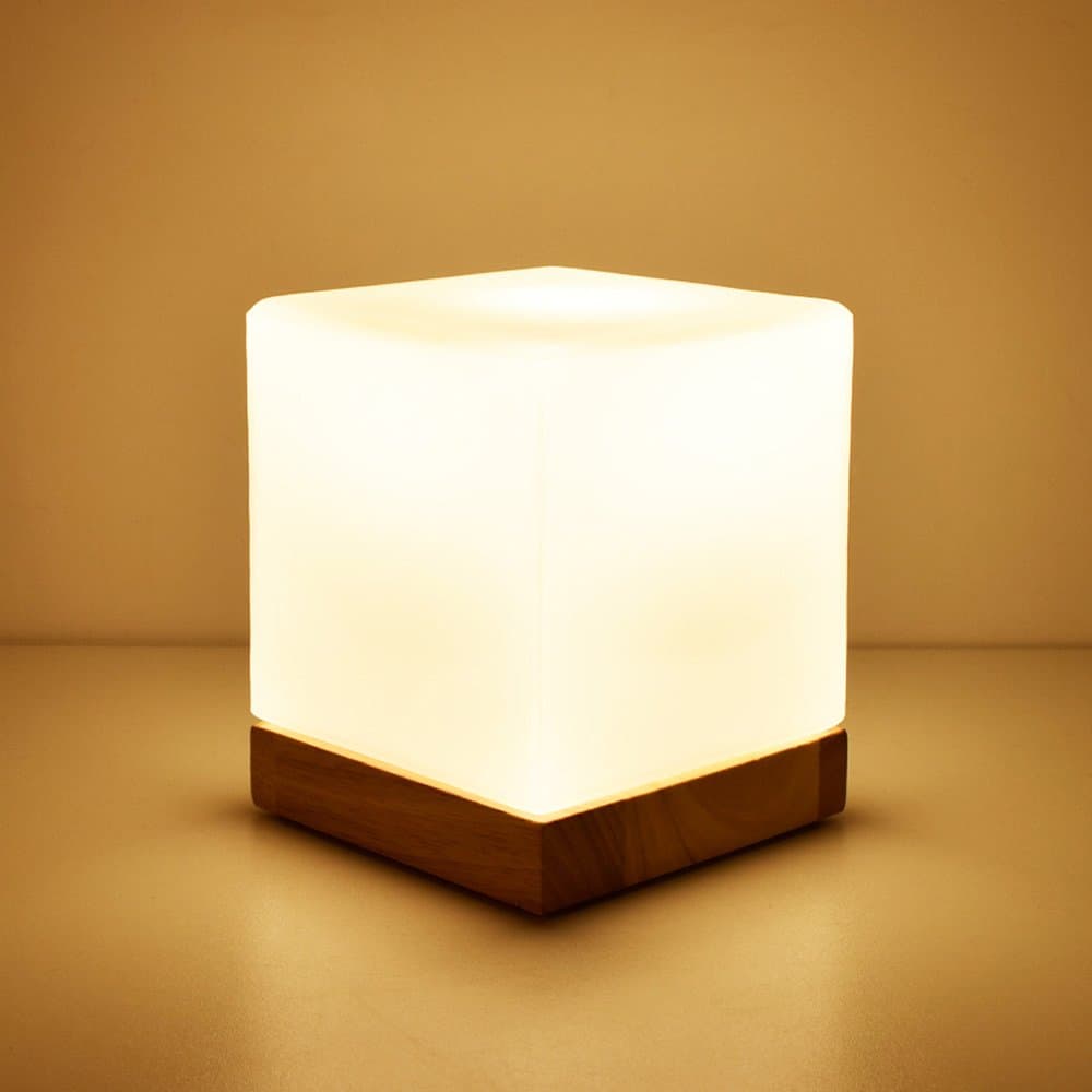 Cube Glass Modern Dimmable Wooden Table Lamp White with E27 Lamp Base Oak Bedside Reading LED Desk lamp (Color : Dimmer Switch)