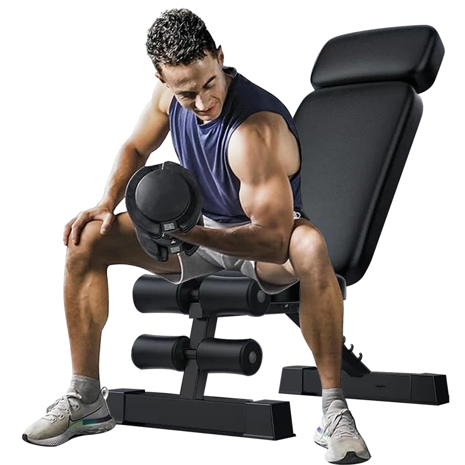 TDOO 6 Position Adjustable Weight Bench, Foldable Incline Decline Exercise Workout Benches with Fitness Rope, Strength Training Benches Utility Benchs Exercise Equipment Roman Chair for Home Gym