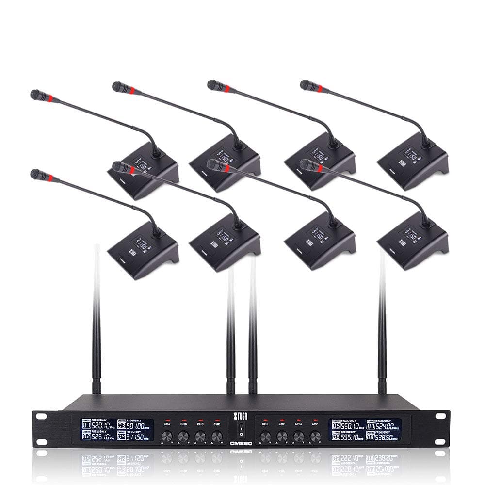 XTUGA CM280 8 Channel Wireless Gooseneck Microphone System, UHF Fixed Frequency Conference Mics with Crystal-Clear Audio for Corporate Boardrooms, Government Meetings & Large Conferences