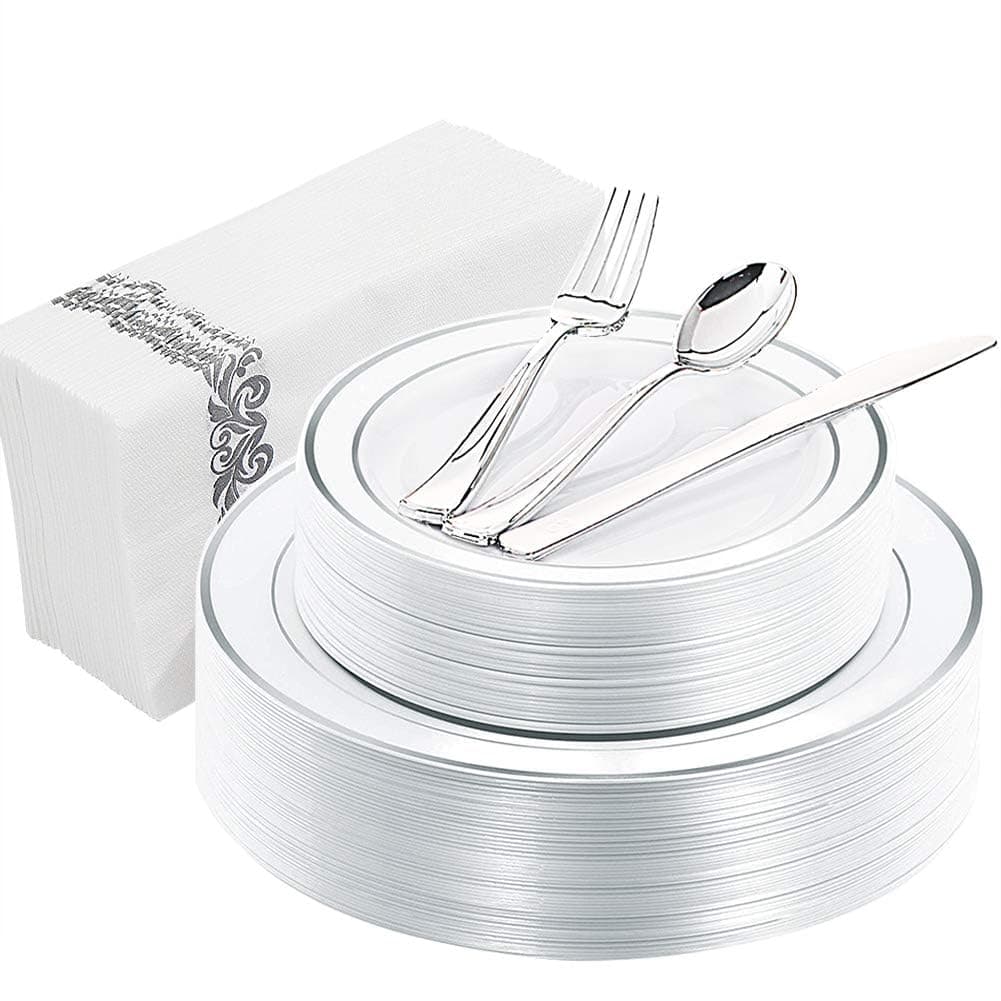 WDF150PCS Silver Plates Plastic - Disposable Plastic Silver plates Dinnerware include 25 Dinner Plates,25 Salad Plates,25 Forks, 25 Knives, 25 Spoons,25Disposable Napkins