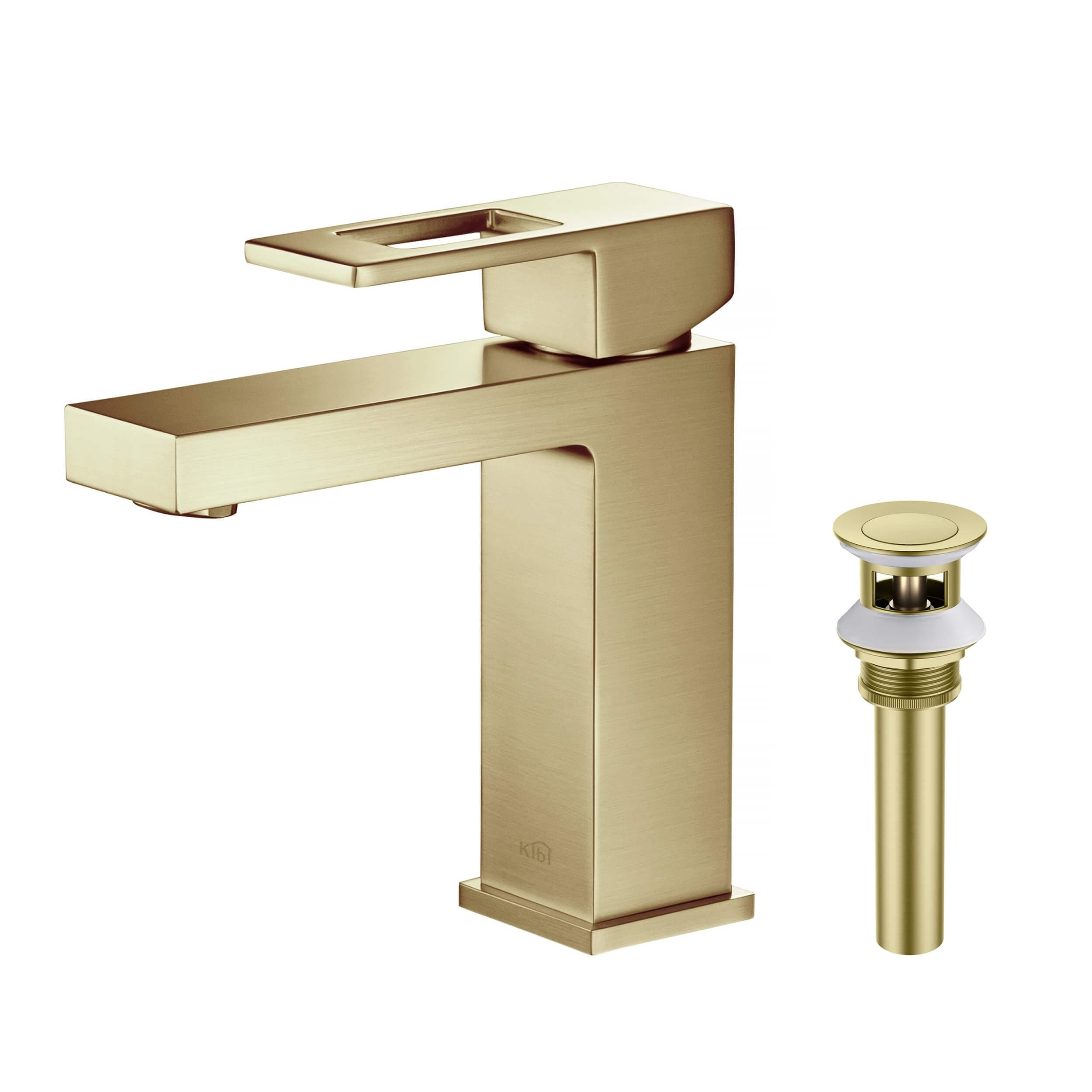 KIBI Solid Brass Single Handle Bathroom Sink Faucet with Pop-Up Drain, High Arc Cubic Spout Lavatory Faucet in Brushed Gold | Corrosion-Resistant, Modern Design (Brushed Gold, KBF1002)