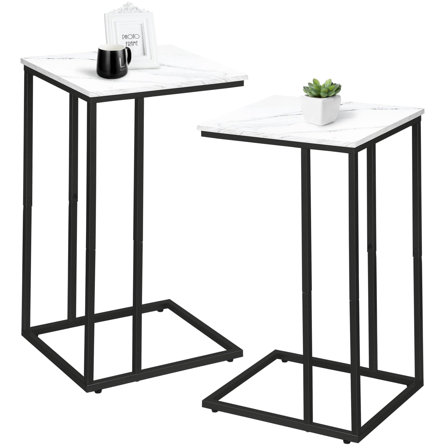 C Shaped Side Table Set of 2, Marble End Table for Sofa and Bed, Couch Table That Slide Under, Snack Side Table for Living Room, Bedroom or Small Spaces, White and Black