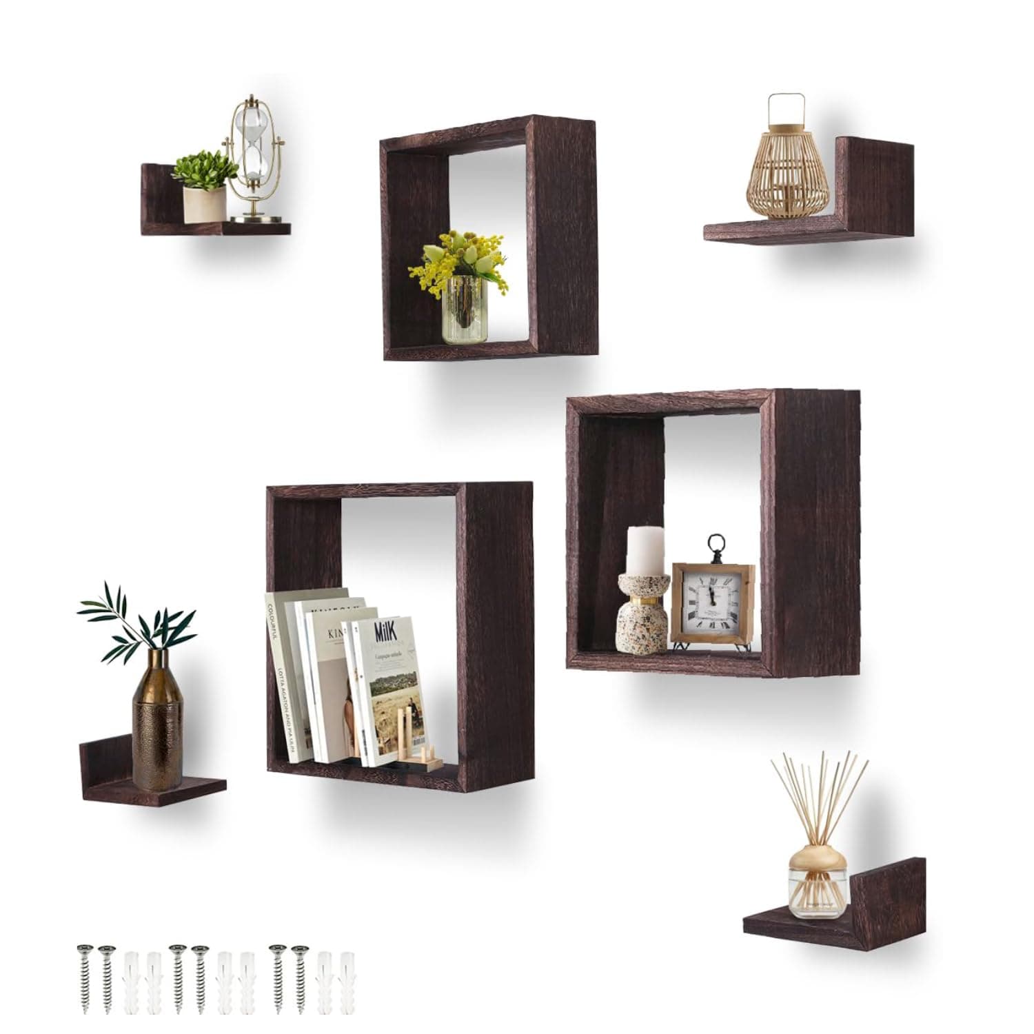Comfify Rustic Wall Mounted Square Shaped Floating Shelves – Set of 7 – 3 Square Shelves and 4 L-Shaped Rustic Shelves – Screws and Anchors Included – Rustic Wall Décor - Torched Brown