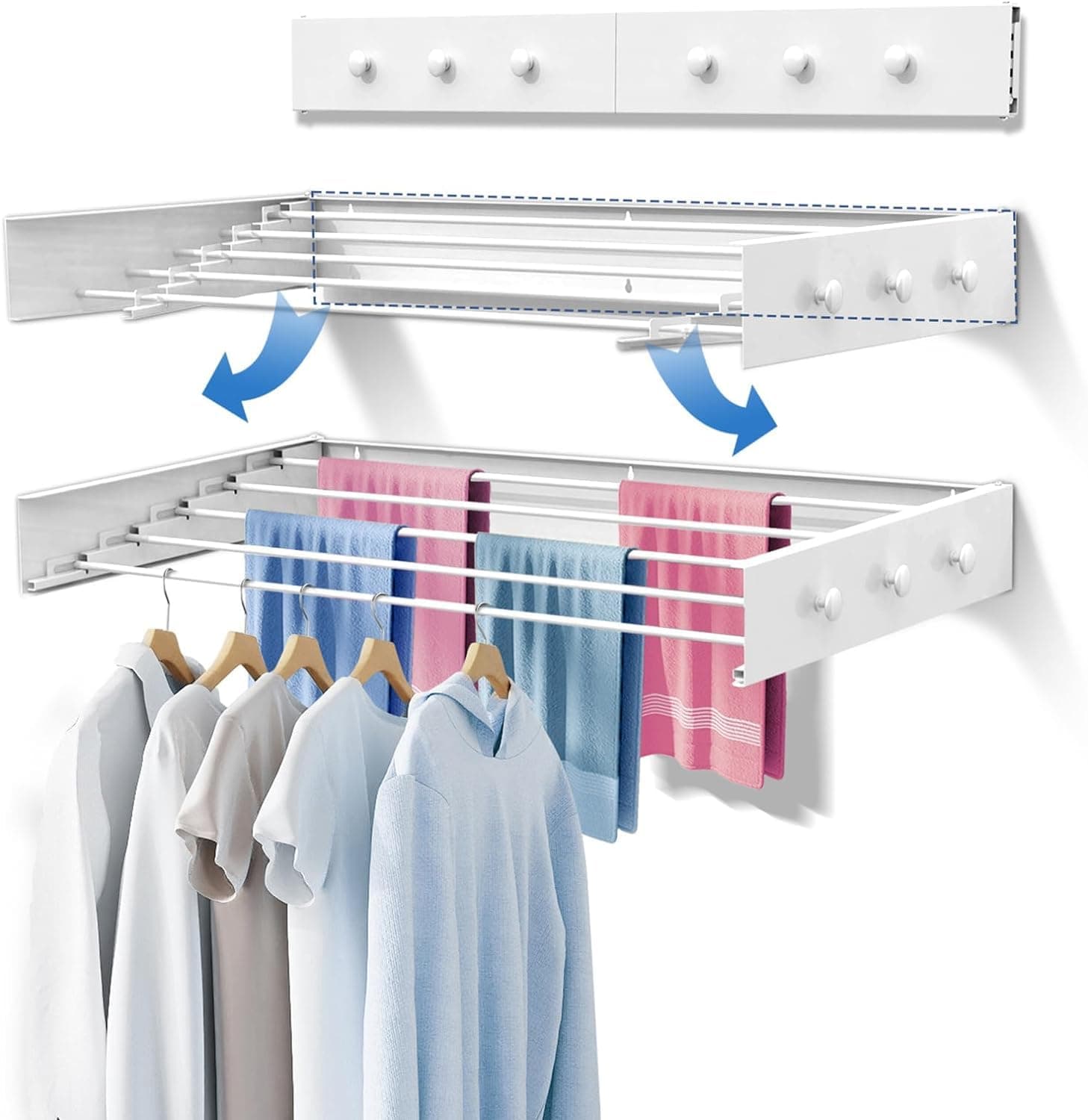 U-HOOME【Upgrade】Laundry Drying Rack,Foldable Clothing Drying Rack Wall Mounted,Space Saving Clothes Drying Rack Hanger for Laundry Bathroom,5 Aluminum Rods with 6 Hooks (60CM-WHITE)