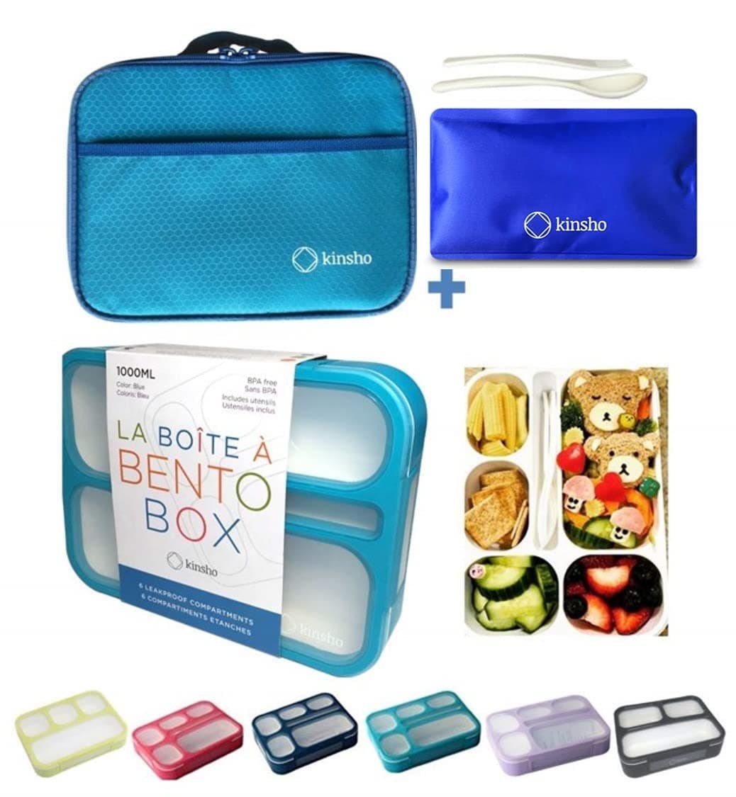 Bento-Box with Bag and Ice Pack Set. Lunch Boxes Snack Containers for Kids Boys Girls Adults. 6 Compartments, Leakproof Portion Container Boxes Insulated Bags for School Lunches, Blue