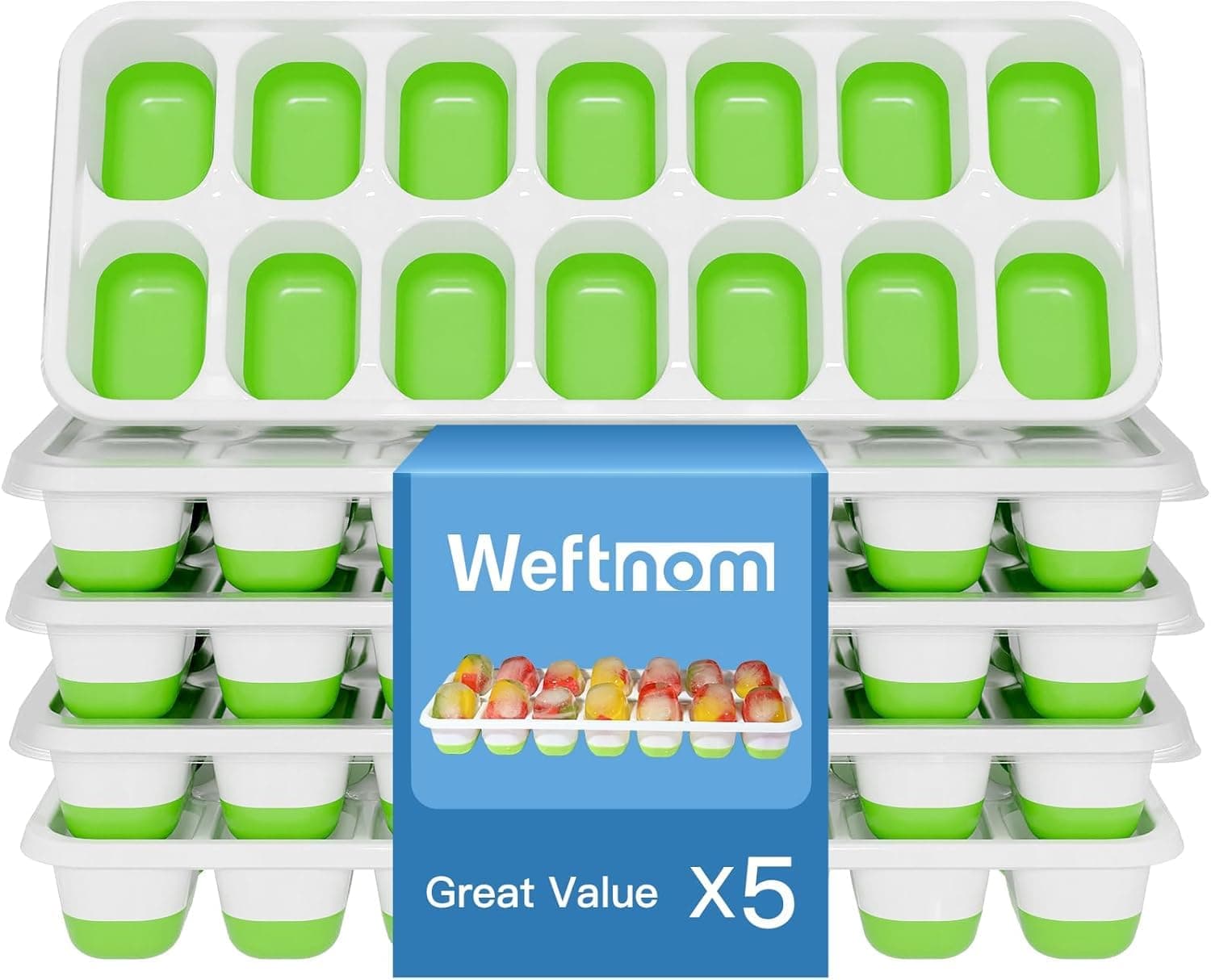 Ice Cube Tray, Ice Cube Trays for Freezer 5 Pack with Lids, Ice Tray Easy-Release, Ice Trays for Freezer Stackable, Silicone Ice Cube Tray for Drinks, Coffee - BPA-Free and Odor-Free