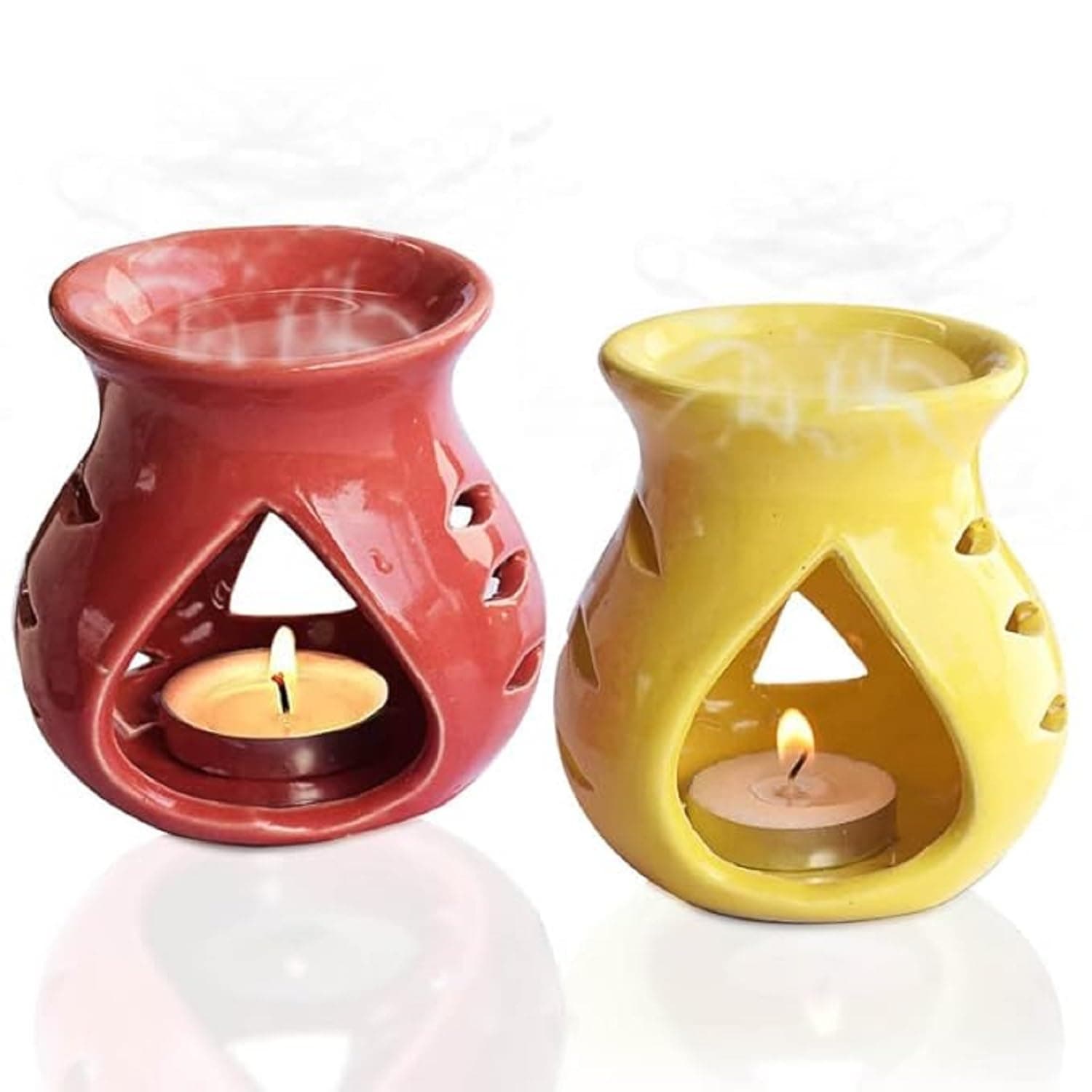 Pure Source India Ceramic Oil Burner Aroma Diffuser Set of 2 (Red & Yellow)
