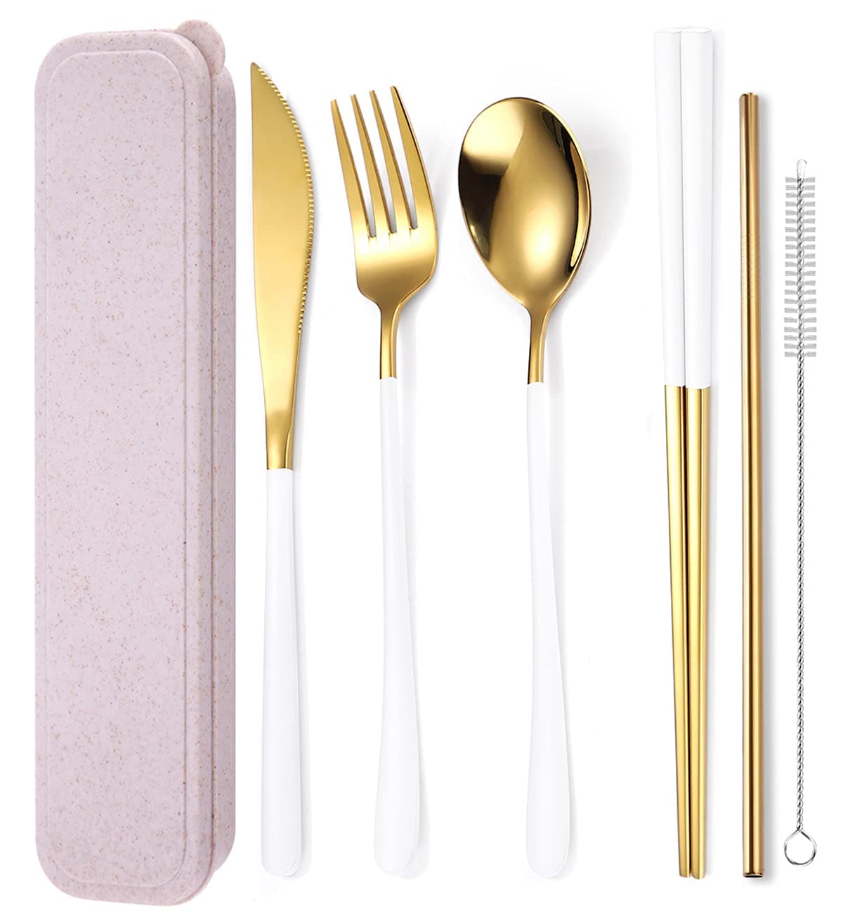 AARAINBOW 6 Pieces 18/8 Stainless Steel Flatware Set Portable Reusable Cutlery Set Travel Utensils Set Including Chopsticks Knife Fork Spoon Straws Cleaning Brush Dishwasher Safe (White golden)