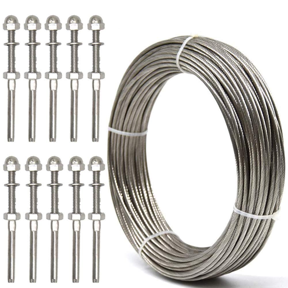 Deck Cable Railing Kit, 10-Pack Threaded Stud Tension End Fitting Terminal & 105 Feet 1/8 Stainless Steel Aircraft Wire Rope - T316 7x7 Marine Grade