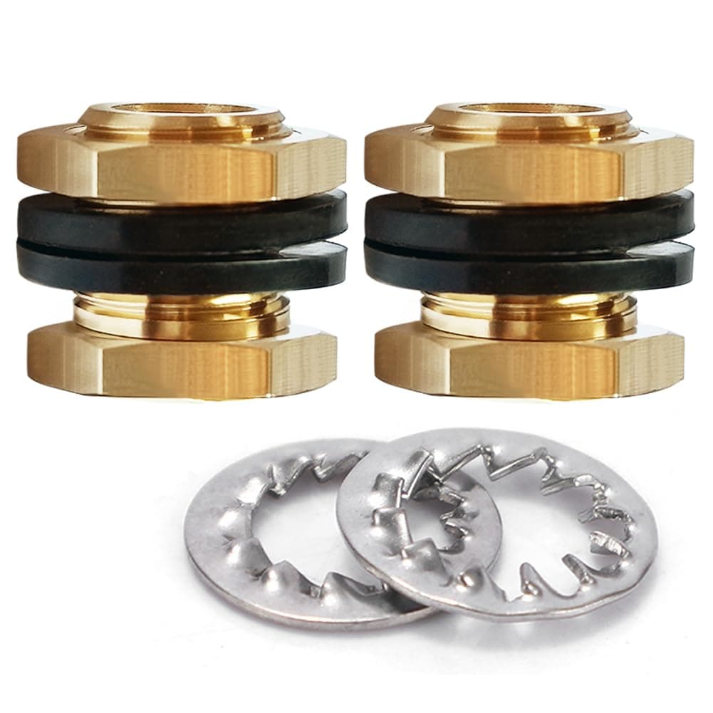 Uenede 2PCS 1/4” NPT Female Thread Brass Bulkhead Coupler 3/4" Outer Diameter Water Tank Connector Thru-bulk Coupling Pipe Fitting