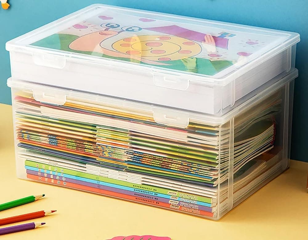 2Pcs Book Storage Box with Lids, Stackable Clear Plastic Boxes Office Organizer to Store Doccuments & Stationery, Can Store Beads Kids Toys Cars Blocks Cubes Cratfs Puzzle Etc