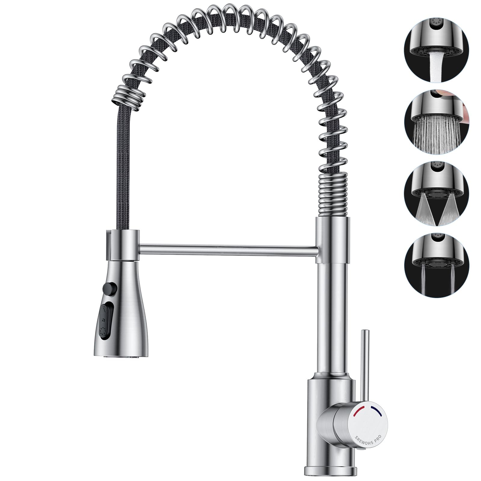 Kitchen Tap,Kitchen Sink Mixer Taps with Pull Down Spray Head, 360°Swivel Spout with 4 Modes, Single Lever Stainless Steel Spring Bar Faucet for 1 Hole Sink,No Plumber Required,Nickel