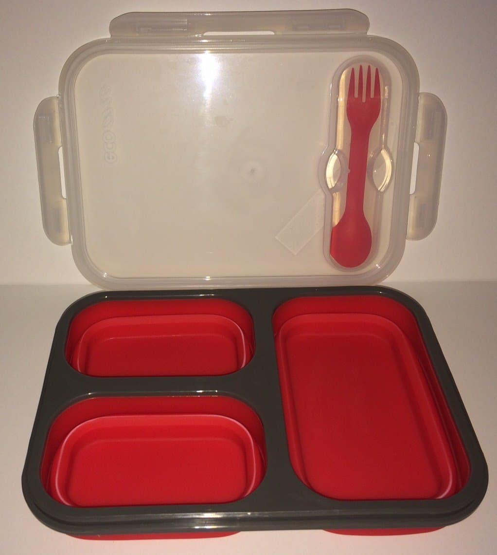 Eco One Durable and Reusable 3 Sections Bento Lunch Box Collapsible Meal Prep Container With Spork (Colors May Vary)