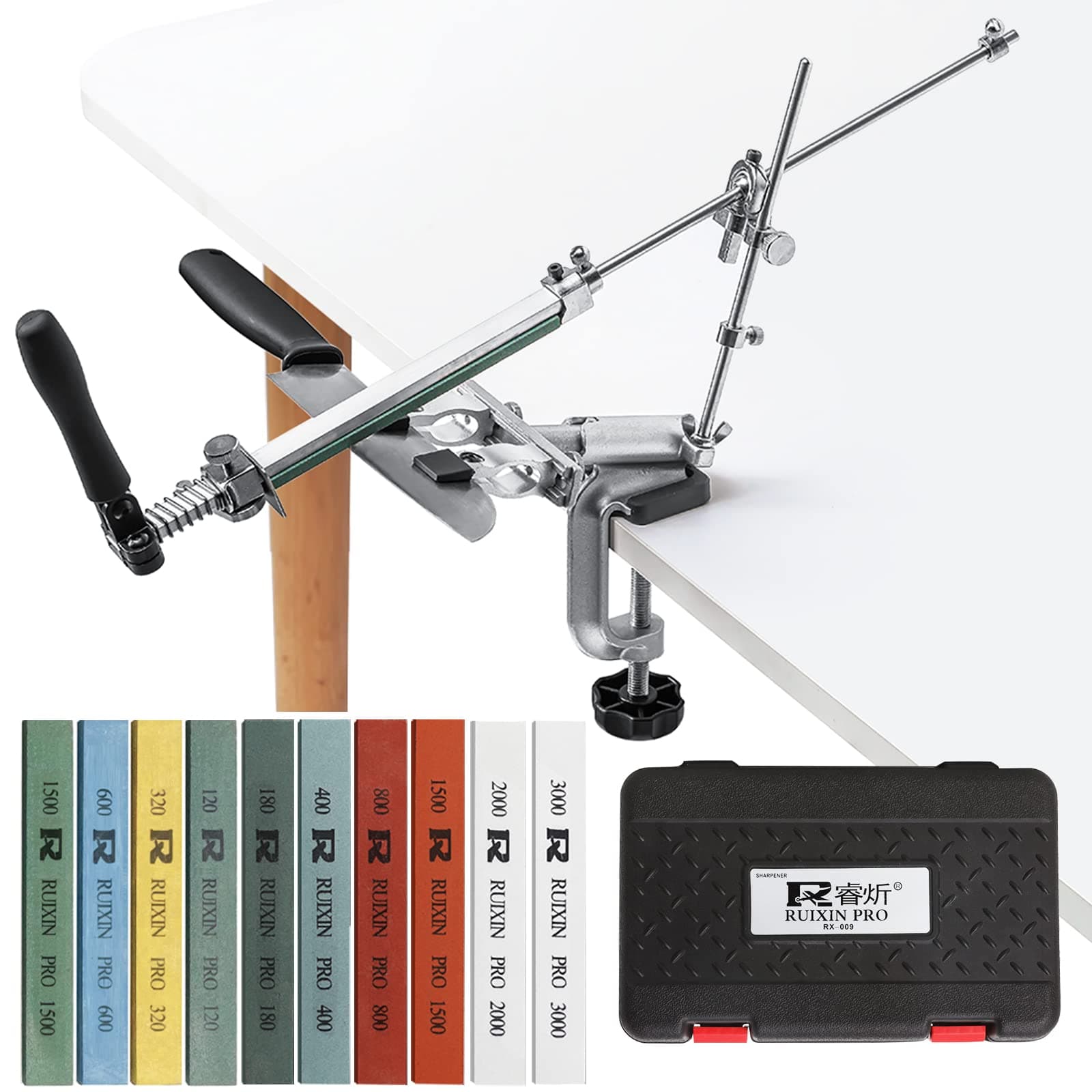 RUIXIN PRO RX-009 Professional Knife Sharpener with 10 Whetstones, 360° Rotation Flip Design Fixed-Angle Aluminum Alloy Kitchen Chef Knife Sharpening Kit Abrasive Holding System Tools