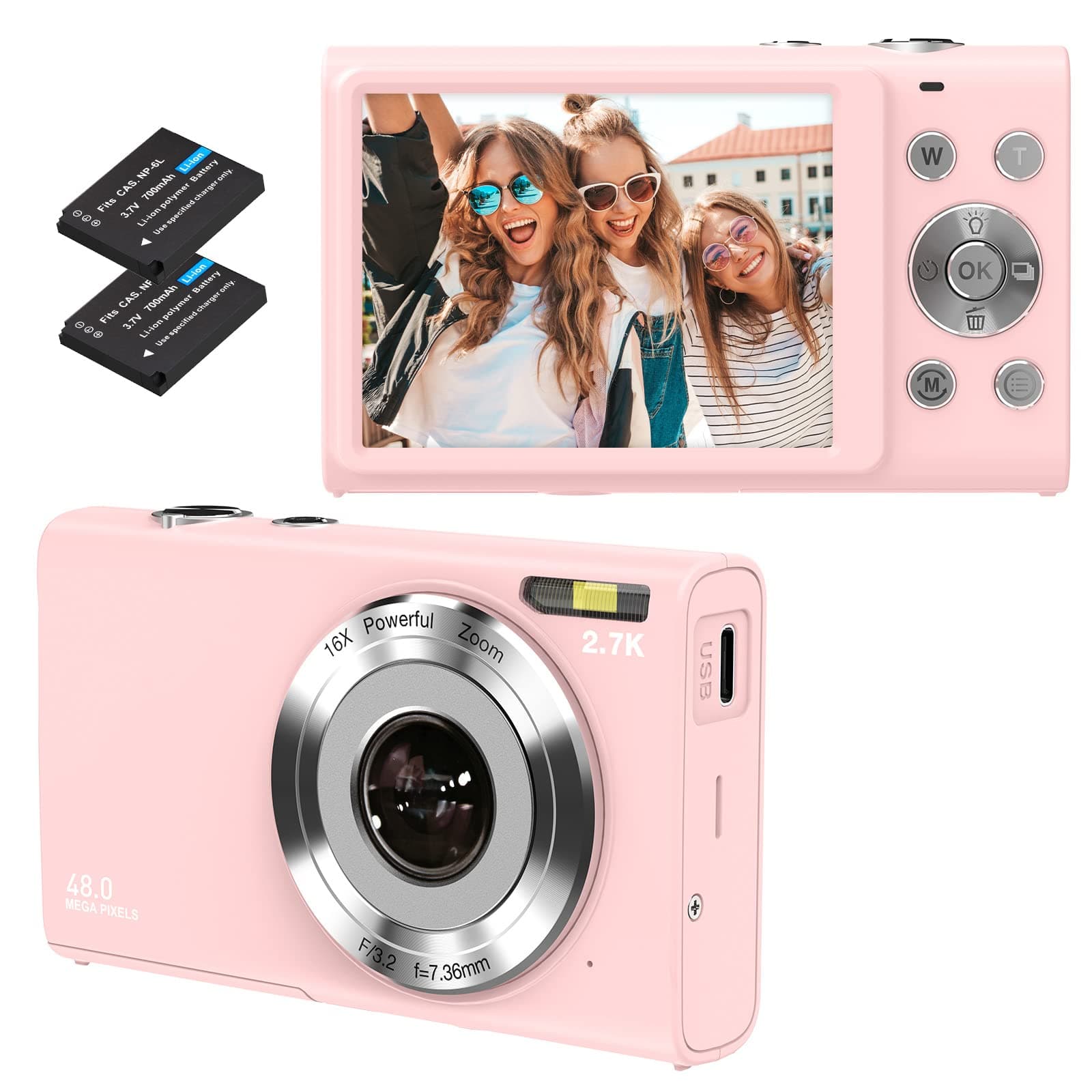 Digital Camera, Autofocus Vlogging Camera HD 2.7K 48MP with 2.8" Large Screen, 16X Digital Zoom, Portable Mini Camera for Photography, Youtube Vlogging Camera for Kids,Adult,Beginners（Pink）