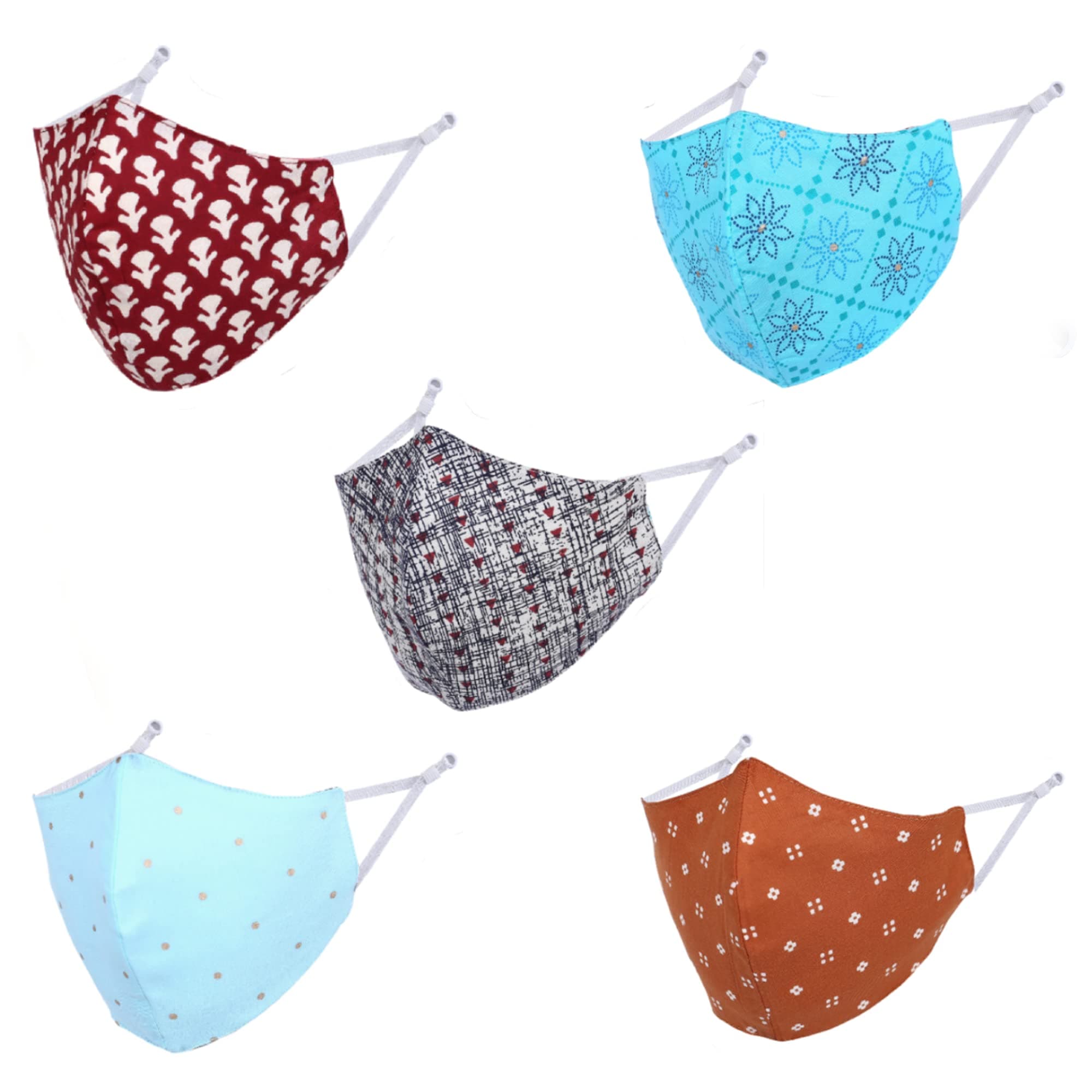 Reversible Cotton Reusable Cloth Mask With Adjustable Ear Loop (Multicolor Without Valve Pack of 5) For Women Men