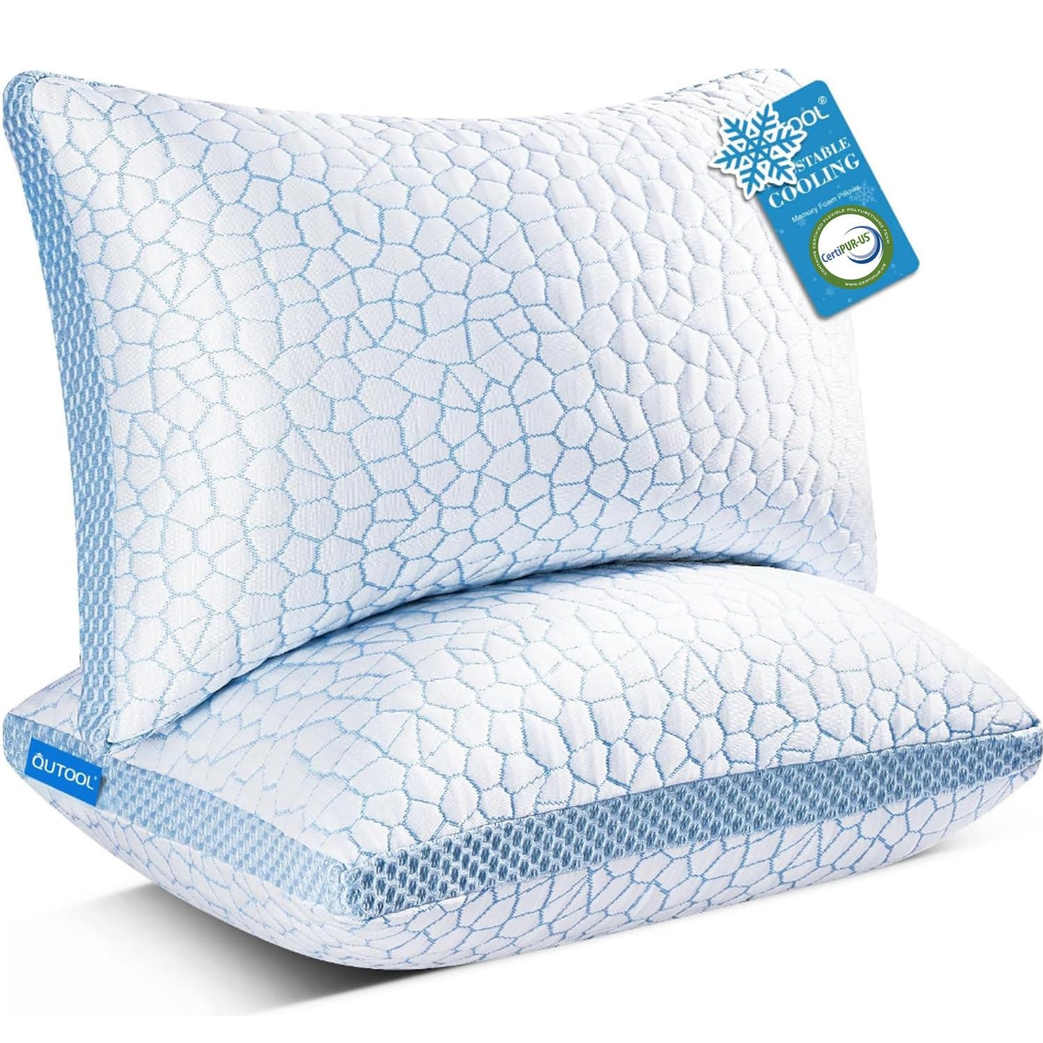 QUTOOL Enhanced Cooling Pillows for Sleeping, CertiPUR-US Shredded Memory Foam Pillows King Size Set of 2 for Hot Sleeper, Adjustable Bed Pillow for Side, Back, Stomach Sleepers Support Yet Soft, Blue