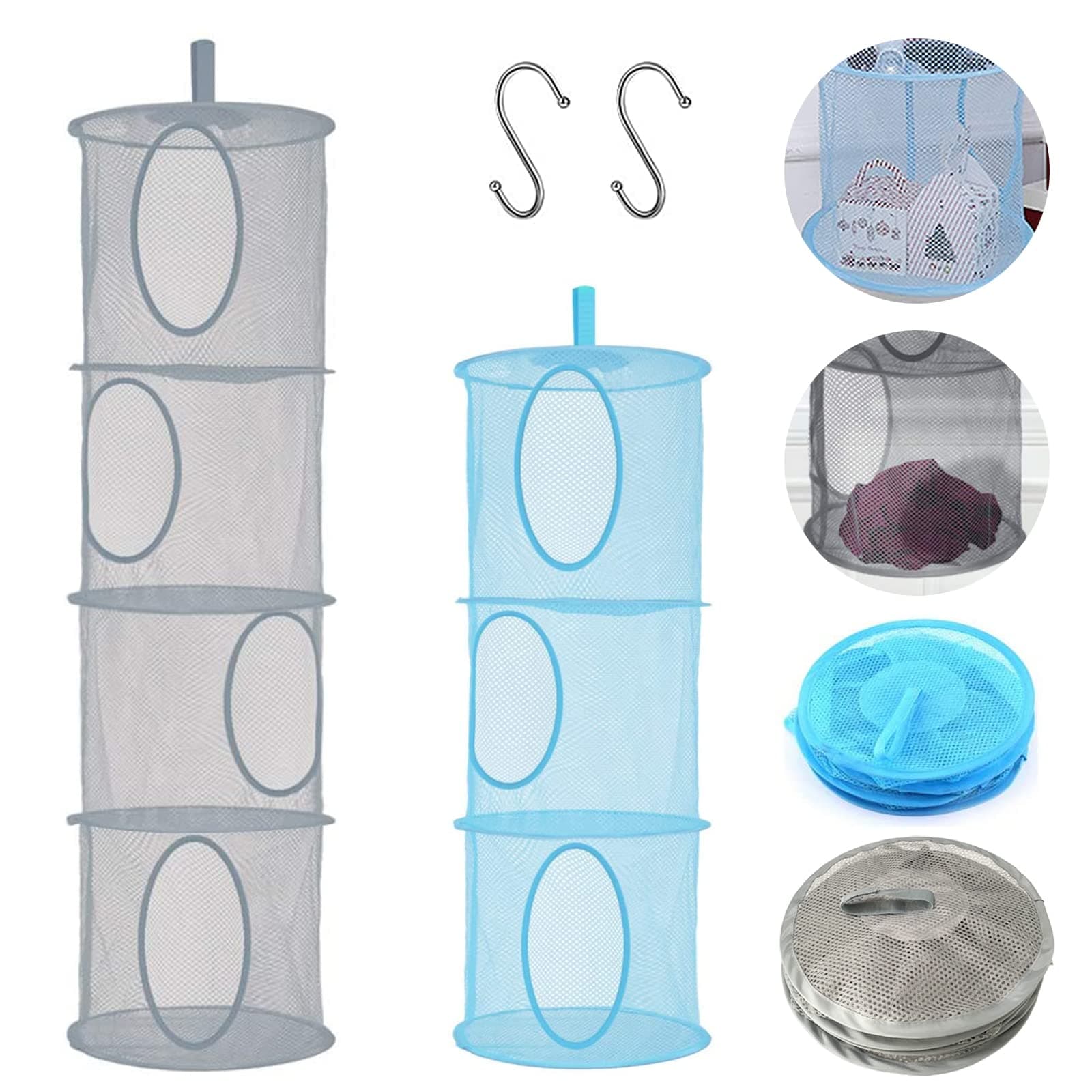 2pcs Hanging Mesh Storage Organizer Bag Foldable Space Saving Organizer with 2pcs S Hooks for Room Bathroom Wall Balcony Wardrobe(Grey，Blue)