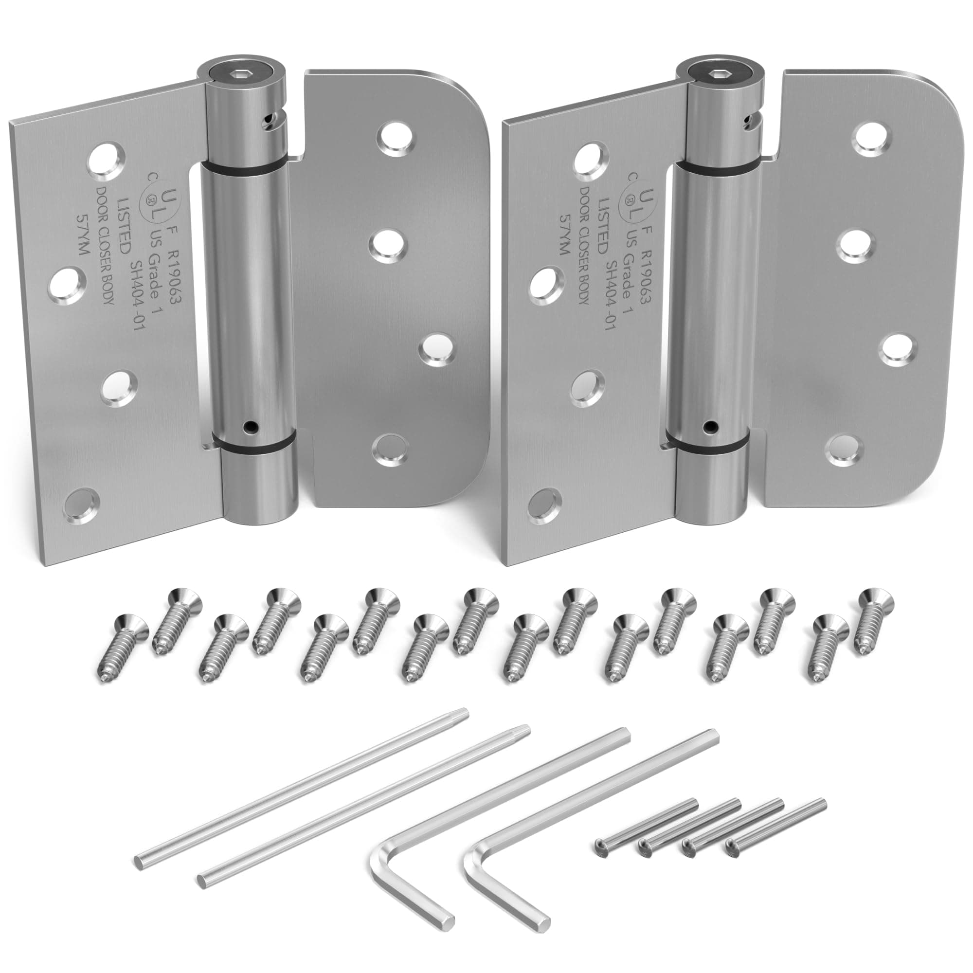 KS Hardware Self Closing Spring Hinge | Automatic Door Hinges with Complete Installation Hardware | 4" X 4" with 1 Square & 5/8" Radius Corners | 2 Pack (Satin Nickel)