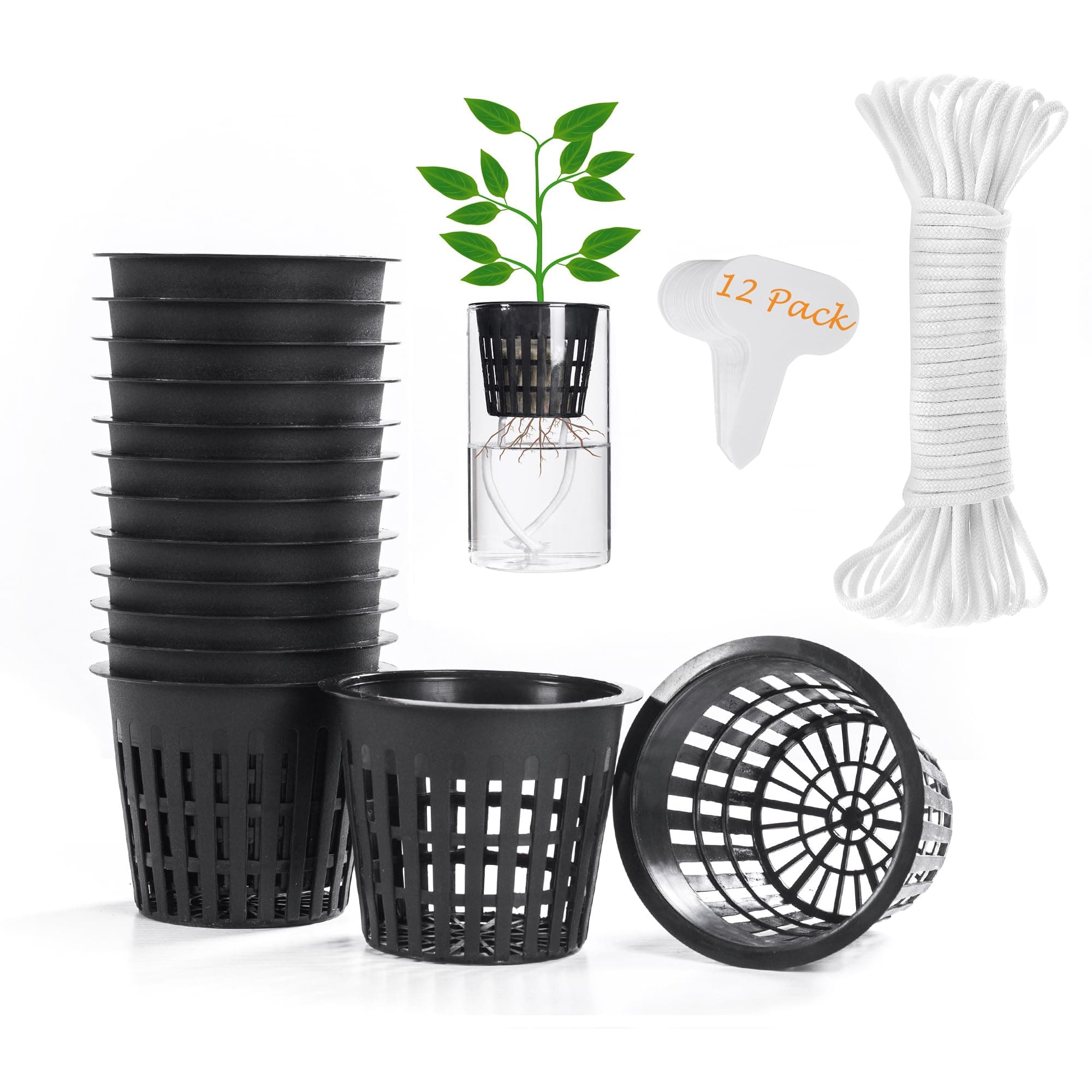 12 pcs 3 inch Net Cup Quality Planting Mesh Pots/Baskets with Self Watering Wick Cord & Plant Labels for Garden Hydroponic Plants Pond Plants Mason Jar Orchid Kratky Growing
