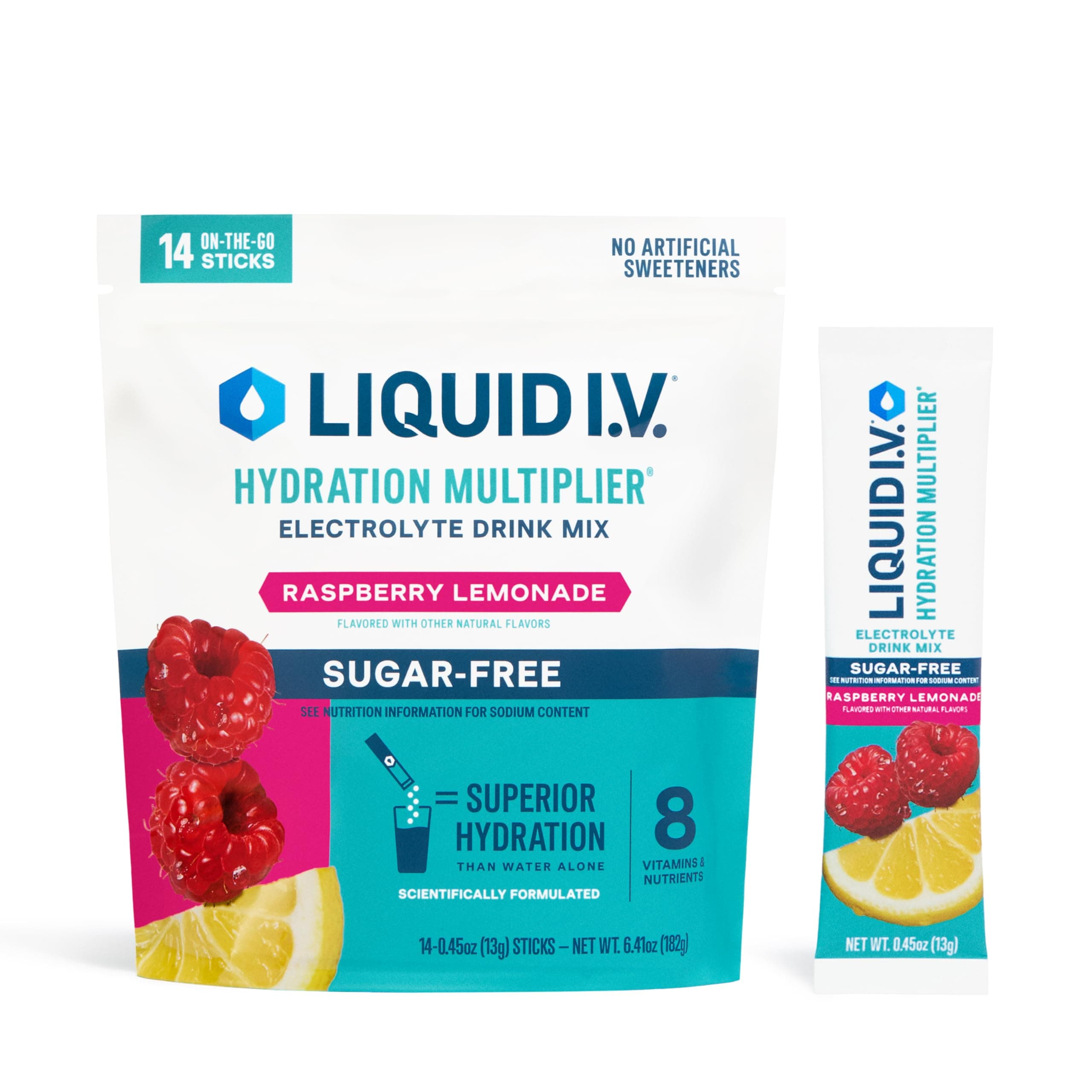 Liquid I.V. Sugar Free Hydration Multiplier - Raspberry Lemonade, Electrolyte Powder Drink Mix, 1 Pack (14 Servings)