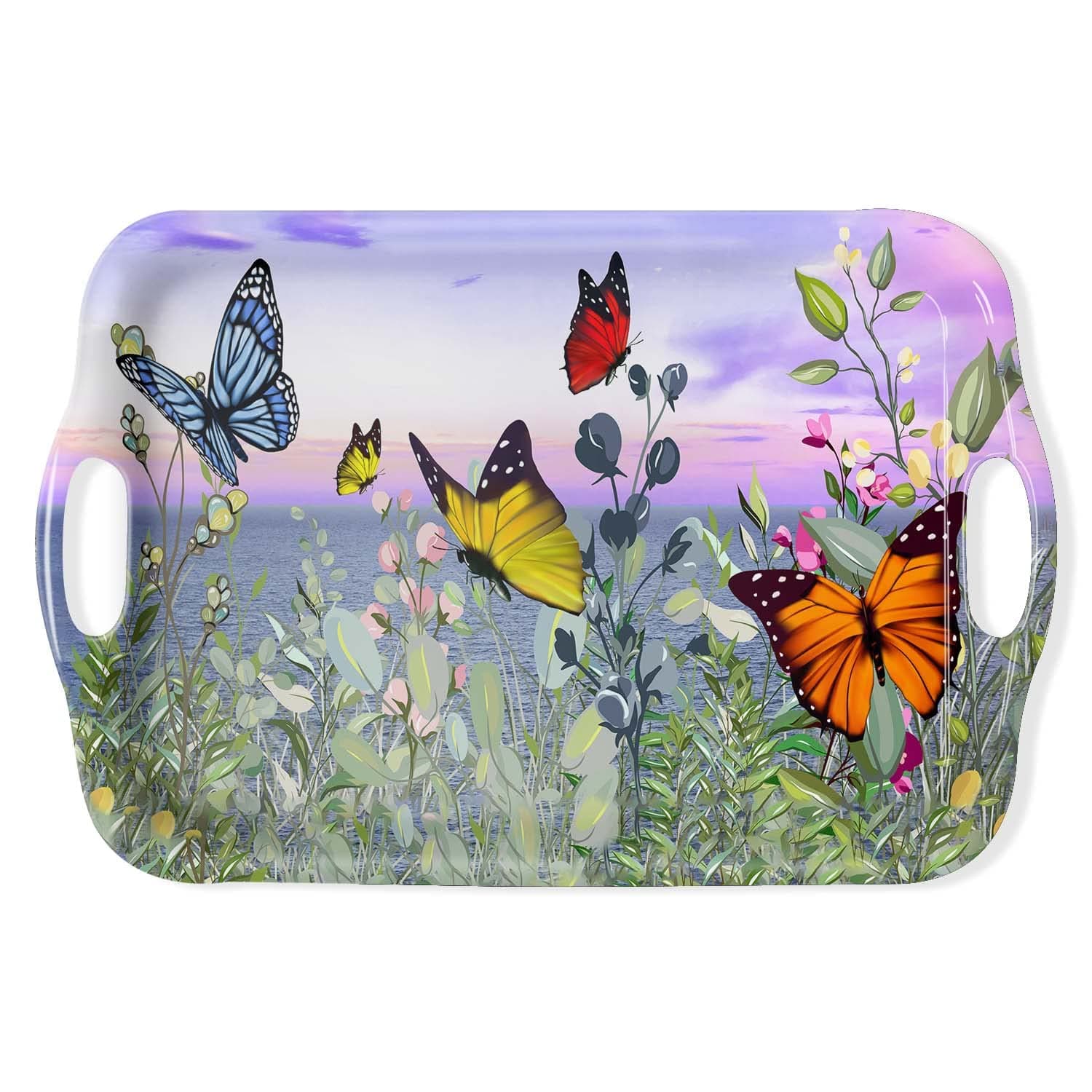 Serving Tray Decorative Tray with Handles Multi-Purpose Rectangular Serving Trays for Restaurant, Parties, Coffee Table, Kitchen - Butterfly Flying Flower