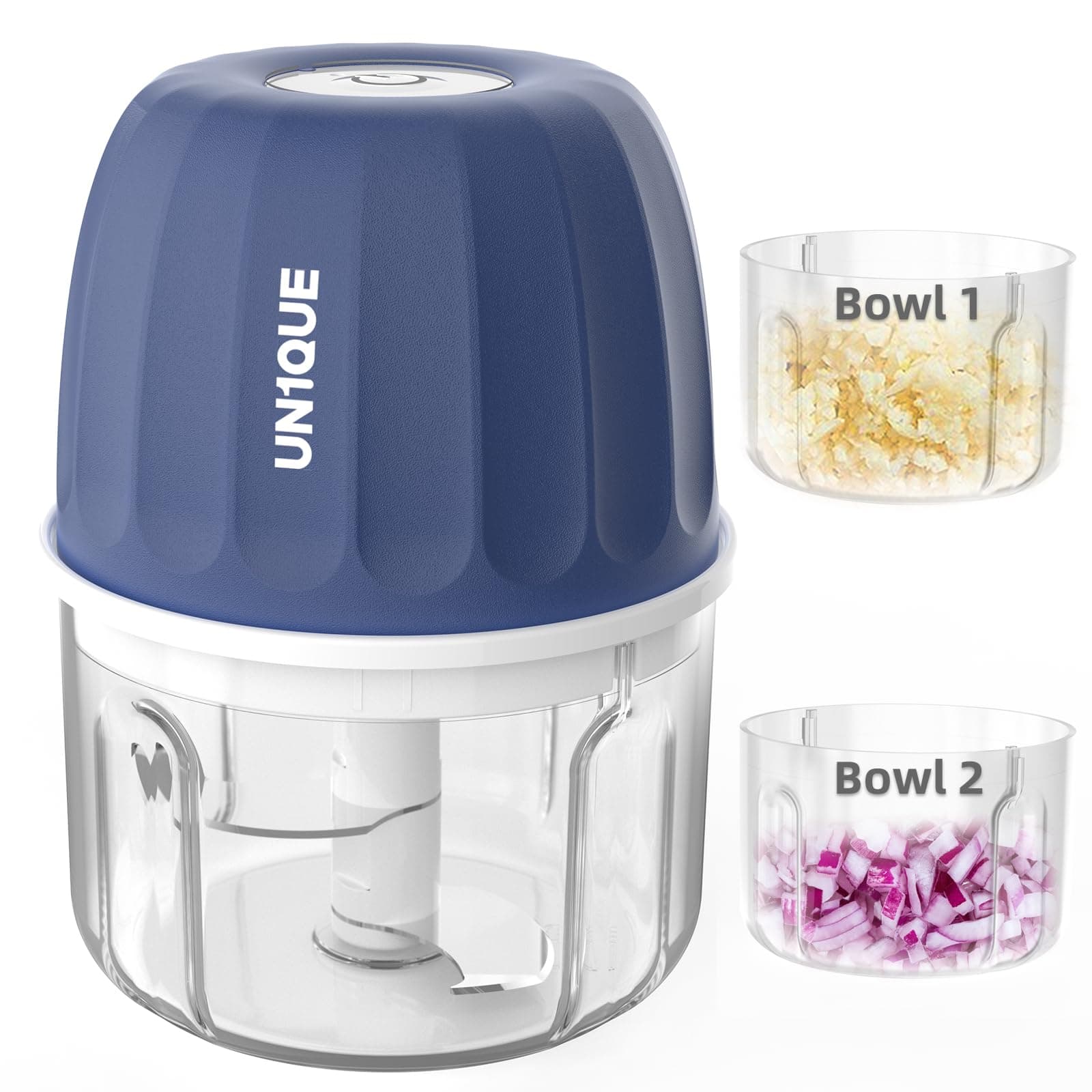 UN1QUE Rechargeable Mini Electric Chopper for Kicthen | One-Touch Operation | 2 Bowls= 500ML | 304 Stainless Steel Blades | Chopper Electric for Chop, Mince, Puree, Whisk, Grind (Blue)