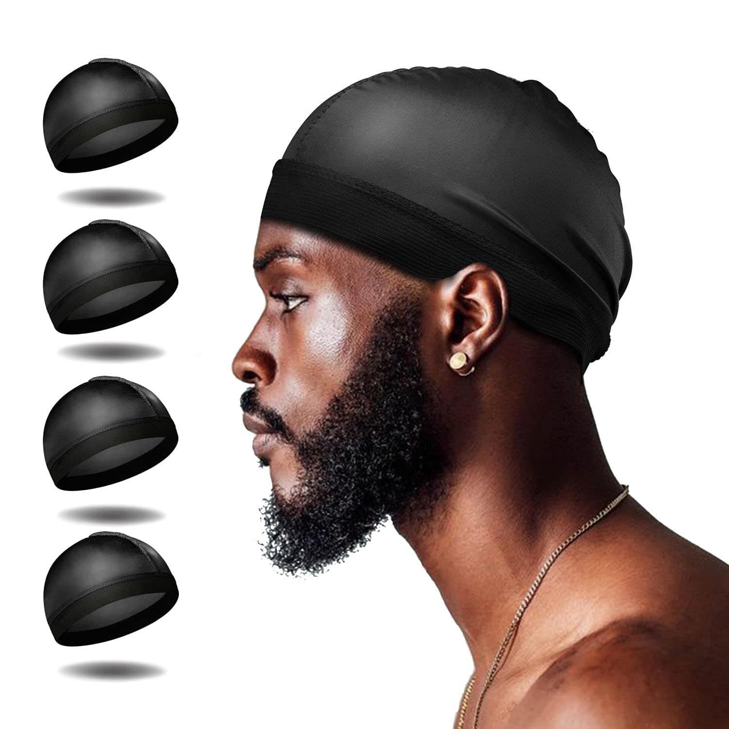 4Pcs Wave Cap, Silk Stocking Wave Caps for 360 Waves, Silky Durag for Men, Stain Caps (2*Blue 2*Black)