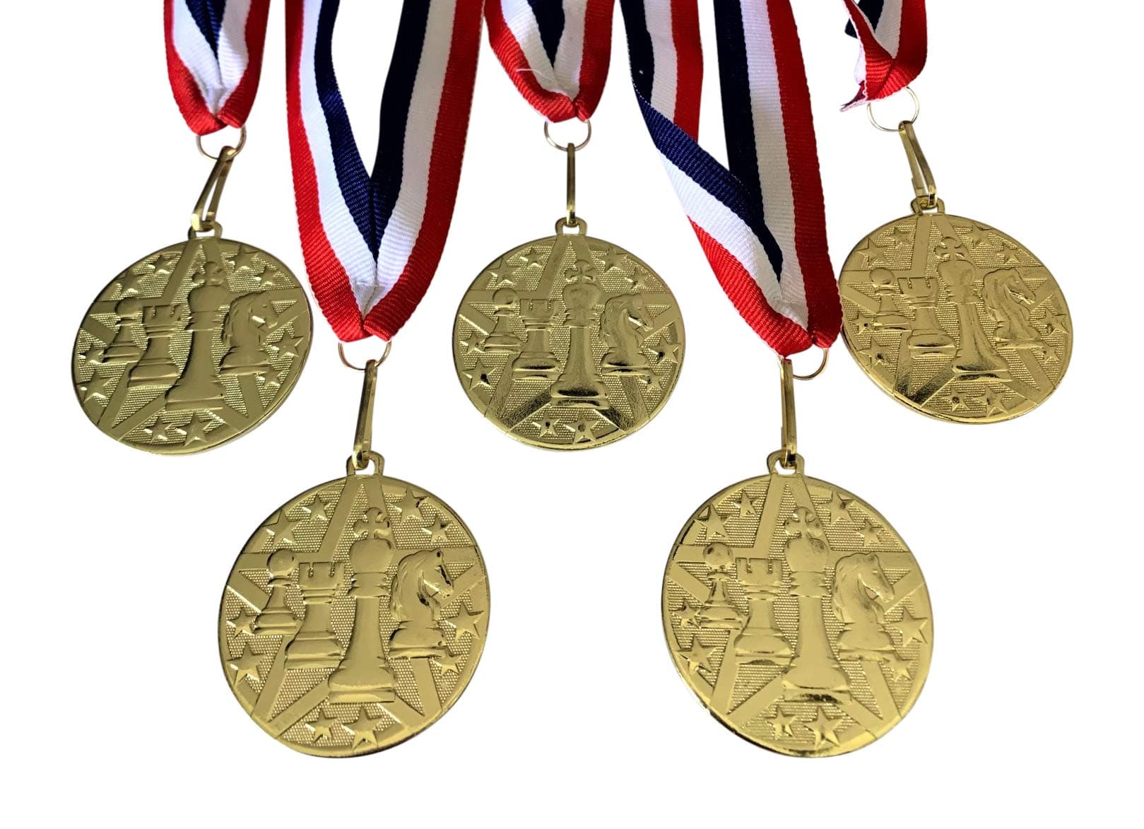 5-Pack 2 inch Diameter Die-Stamped Solid Metal Chess Medal with a Detailed Bright Gold Color Finish, and a Red White and Blue Neck Ribbon.