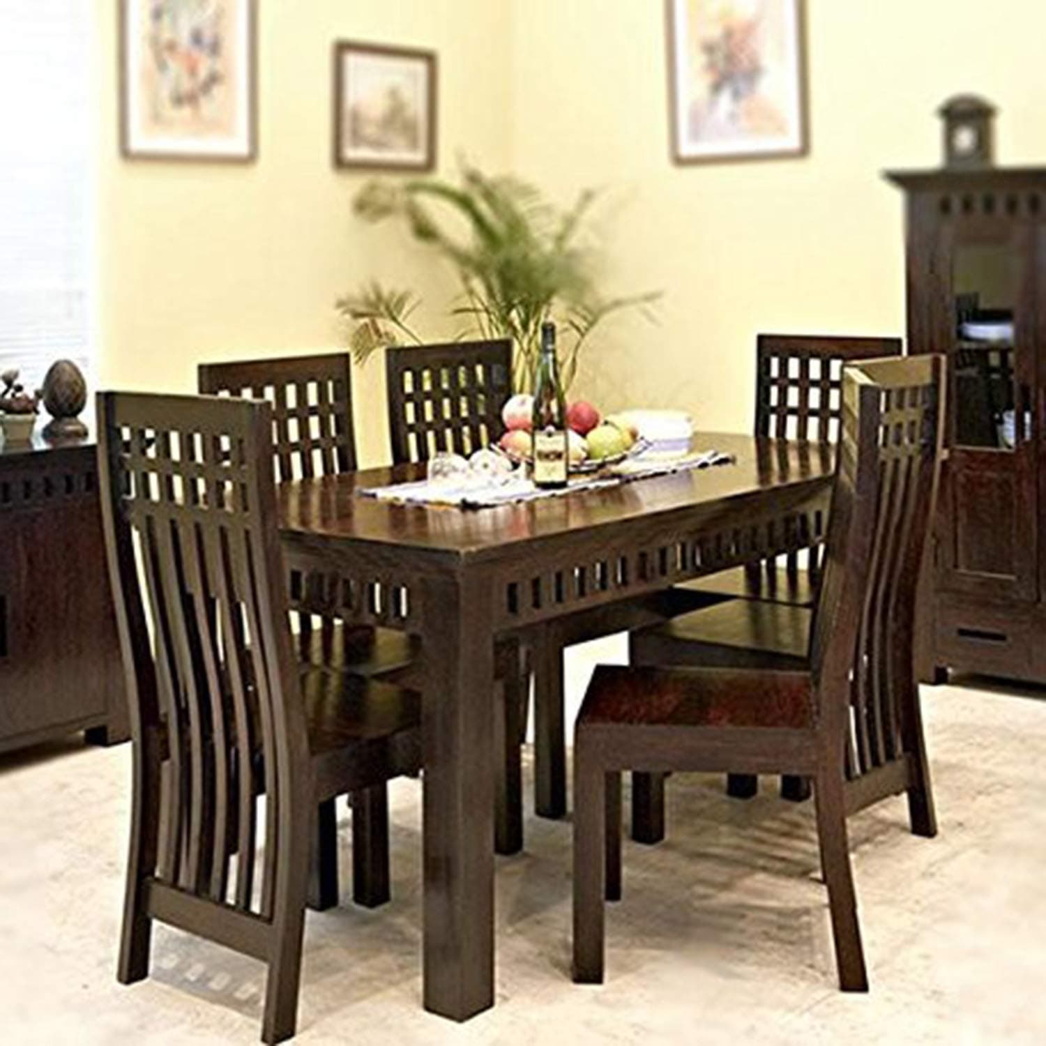 Solid Sheesham Wood Rectangle Dining Table 6 Seater | Six Seater Dinning Table with 6 Chairs for Home | Wooden Dinner Table Dining Room Sets for Restaurants | Walnut Finish