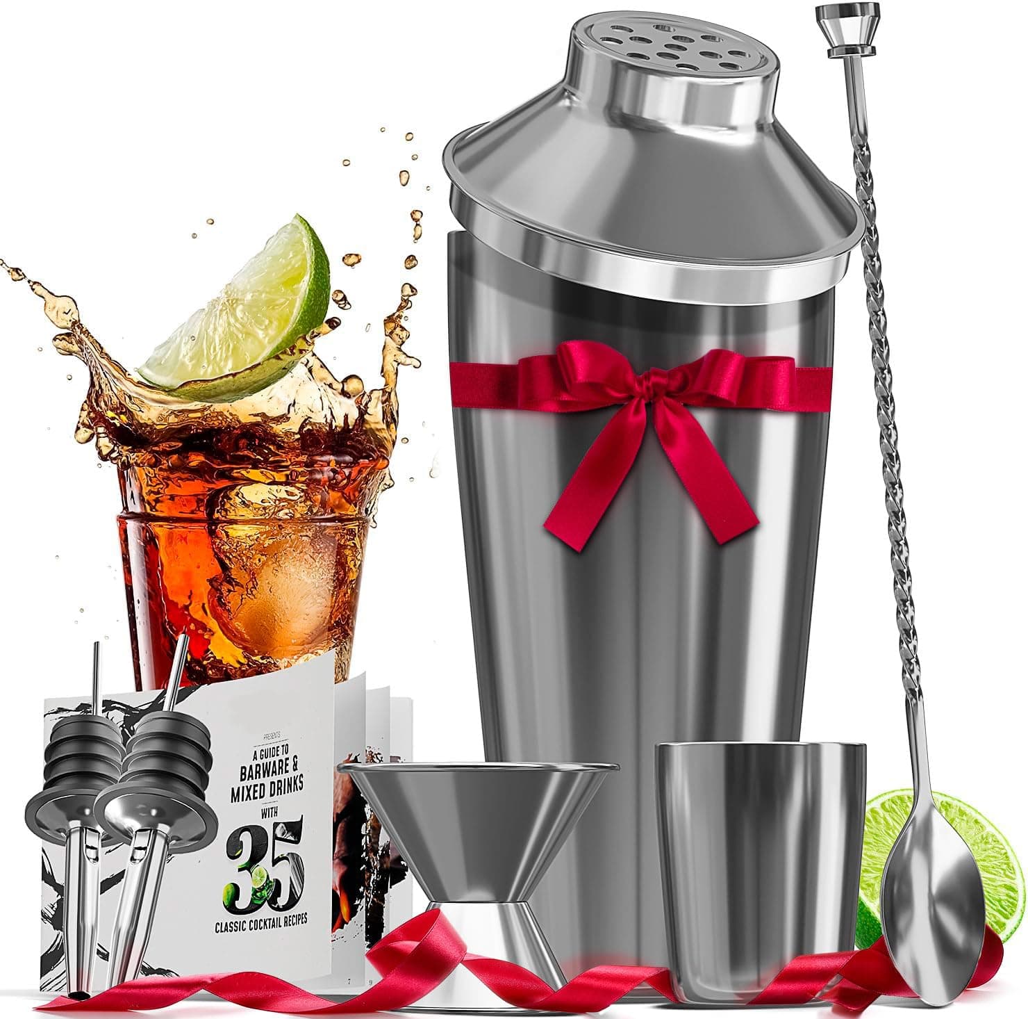 EATEX 8 Piece Silver Cocktail Set, Mixology Bartender Kit, Steel Drink Shakers, 24oz Martini Shaker, Muddler, Cocktail Book