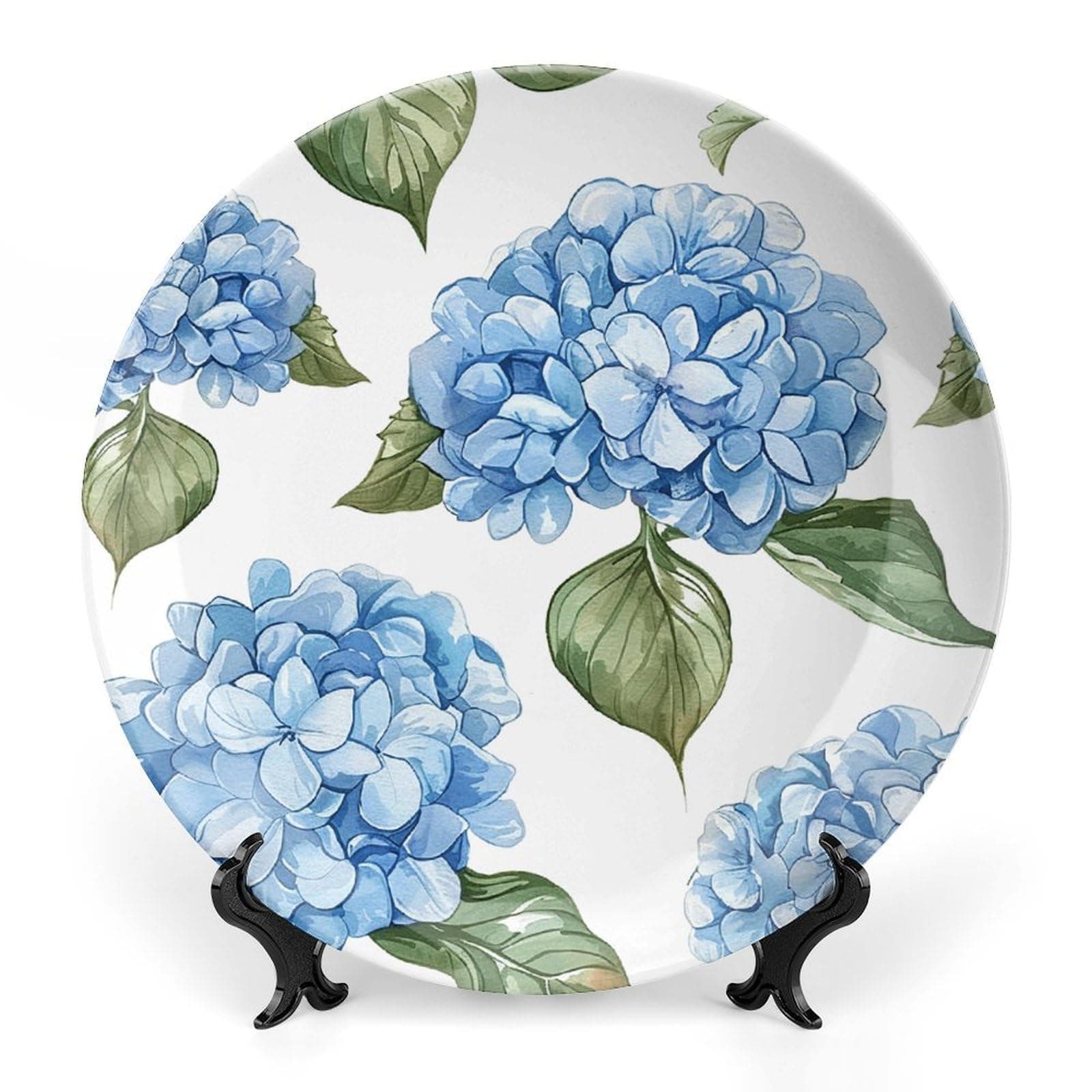 Ceramic Decorative Plate Decorative Plates Personalized Blue Hydrangea Pattern Printed Porcelain Plate with Vertical Stand for Home Office Wall Hanging Decor