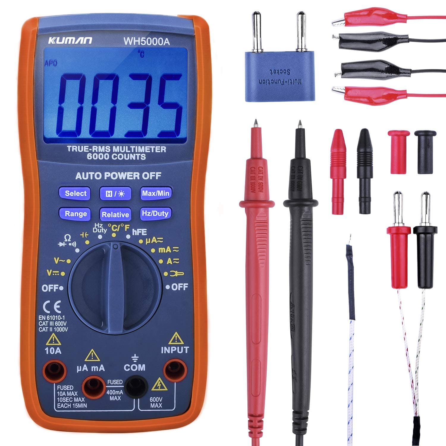 kuman Multimeter, TRMS 6000 Counts Auto Ranging Digital Voltmeter Ohmmeter, Measures Voltage, Current, Resistance, Continuity, Capacitance, Frequency, Test Diodes, Transistors, Temperature WH5000A