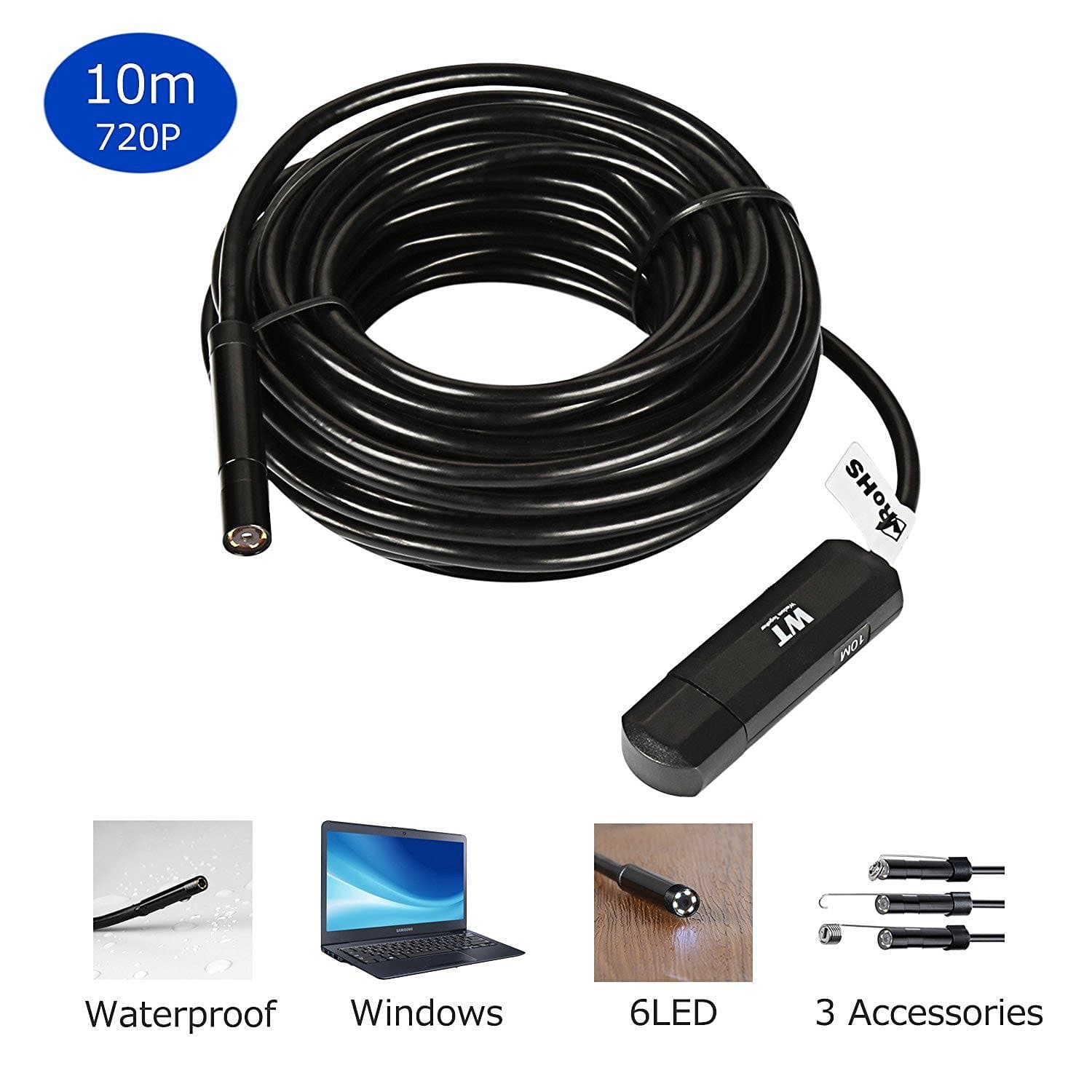 Inspection Camera MAXFUL Mac/PC/Laptop/Computer USB 10 Meter 6-LED 2 MP HD IP67 Handheld Digital Waterproof USB Borescope Pipe Endoscope Snake Camera