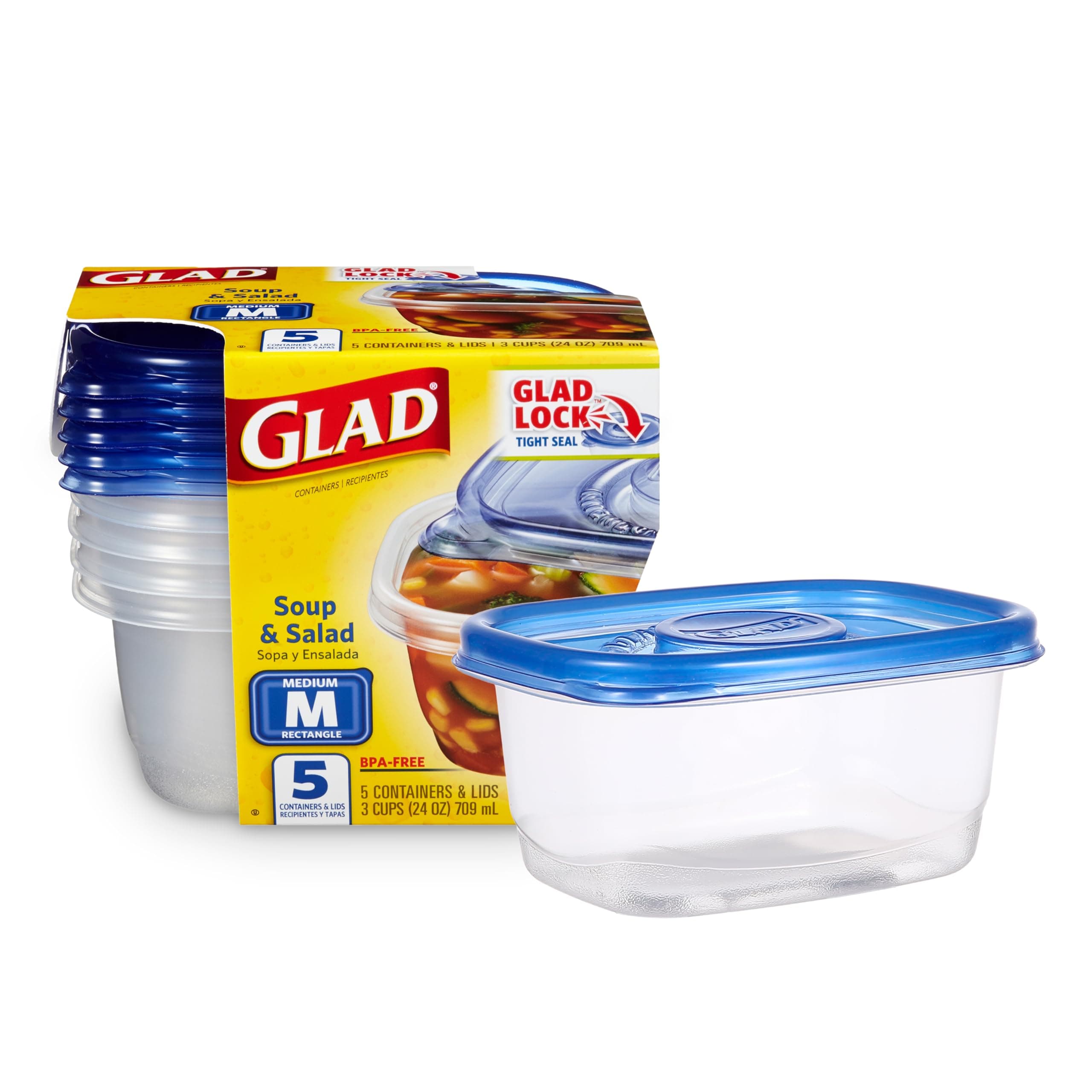 GladWare Medium Rectangle Food Storage Containers with Lids, BPA Free Plastic for Soups Salads and Meal Prep, Airtight Leak Resistant, Microwave Dishwasher Freezer Safe, 24 Oz, 5 Count
