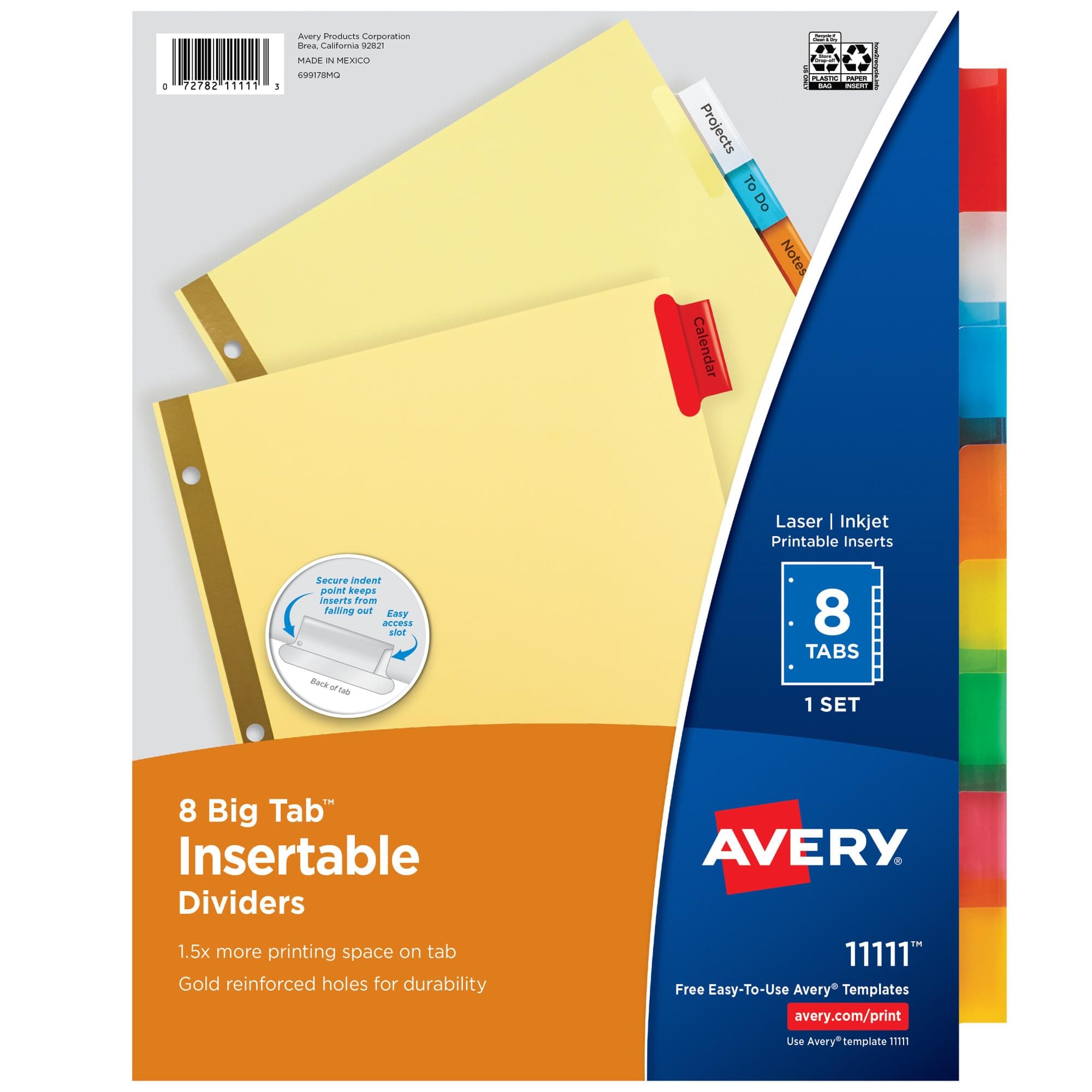 Avery Insertable Dividers for 3 Ring Binders, 8 Tabs per Set, Multicolor Big Tabs, Buff Paper with Gold-Reinforced Holes, Great for Organizing Reports, Projects, and More (11111)