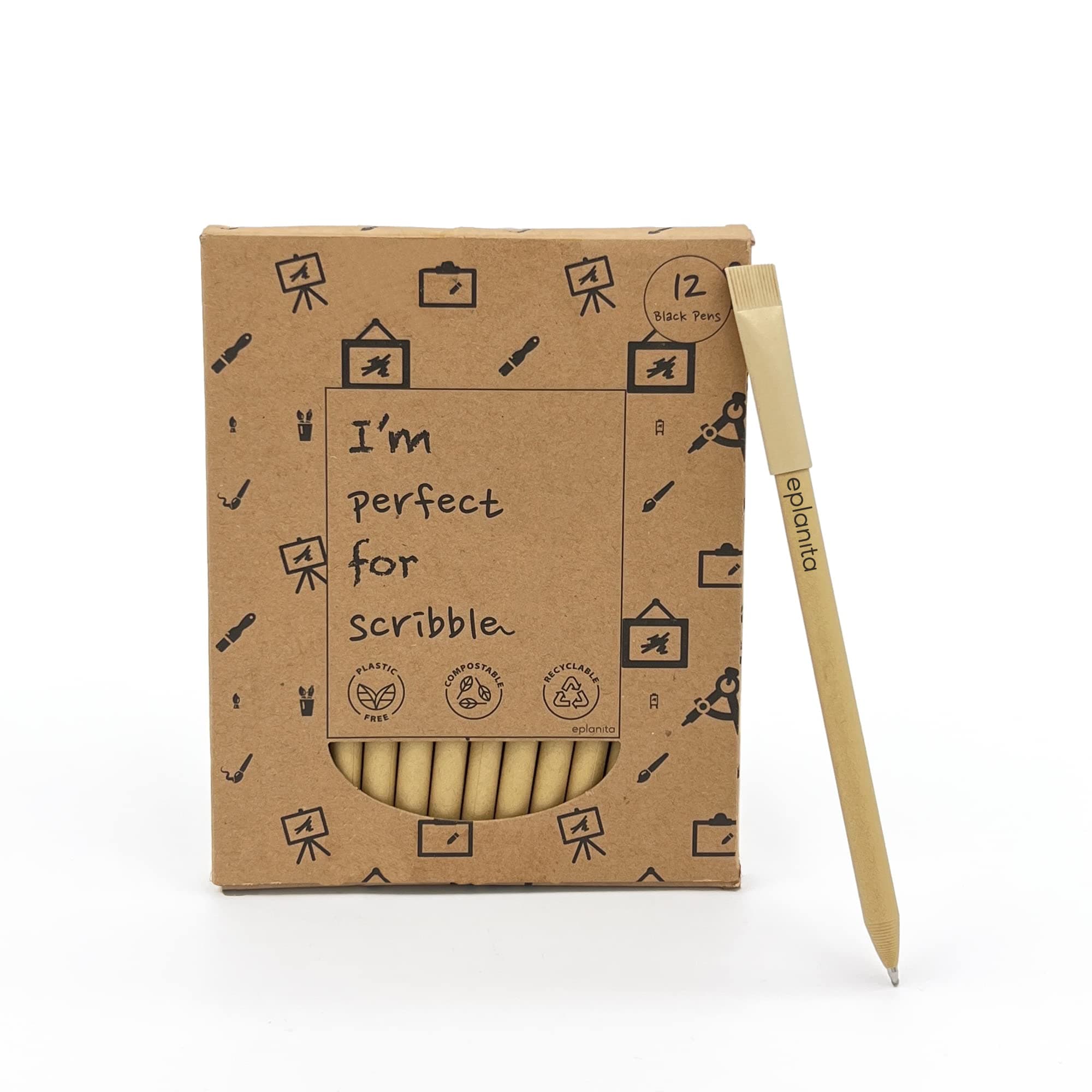 eplanita I’M PERFECT FOR SCRIBBLE – Eco Friendly Pens (Pack of 12), Black Ink Ballpoint Biros, Sustainable Stationary Supplies, For Office or School, One Tree Planted