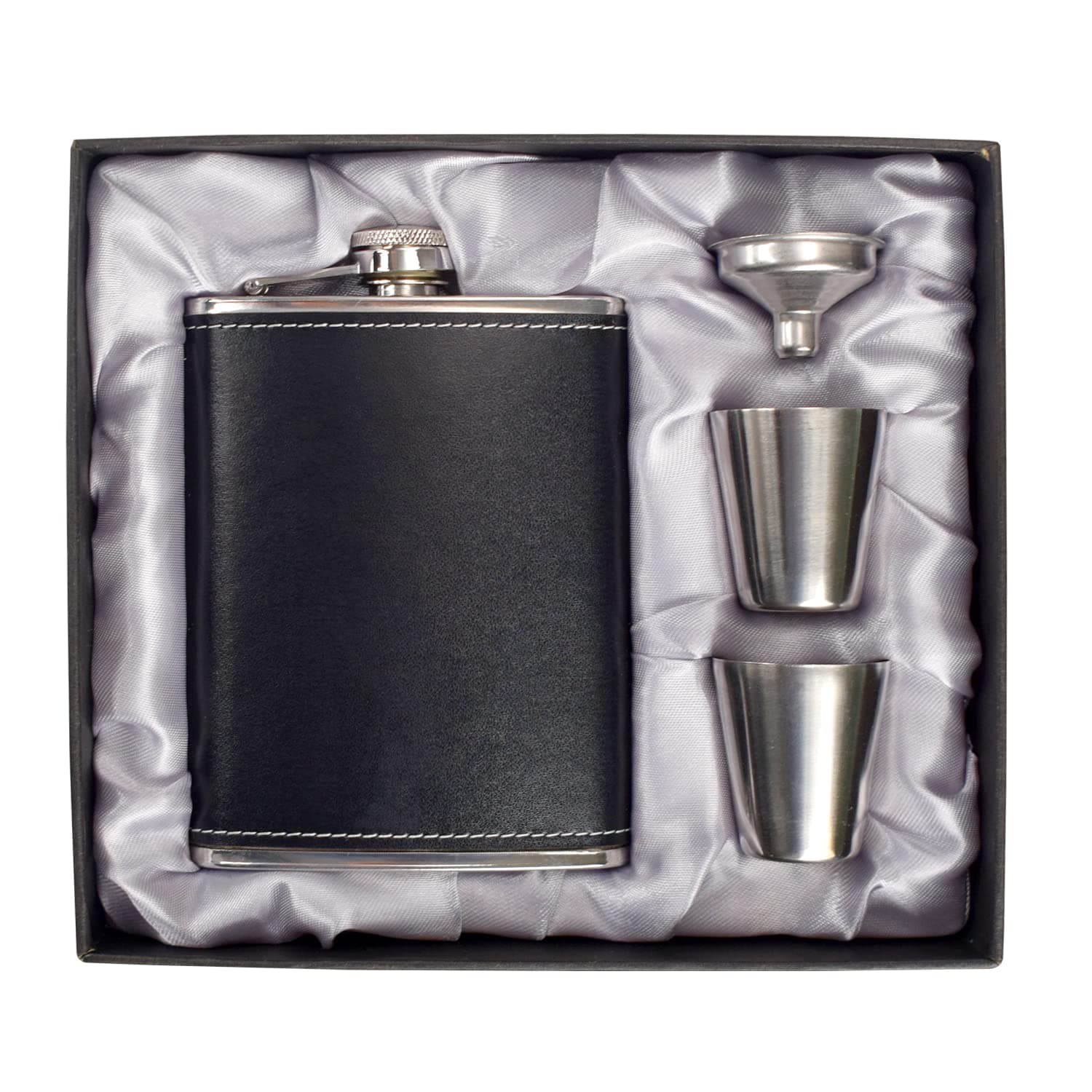 Hip Flasks for Men 8oz Leather Flask Gift Set,304 Stainless Steel Flask Set w/Funnel Shot Glasses Lovely Gift for Whiskey Rum Groomsman Best Man Usher Wedding Camping-Leather Black 8oz