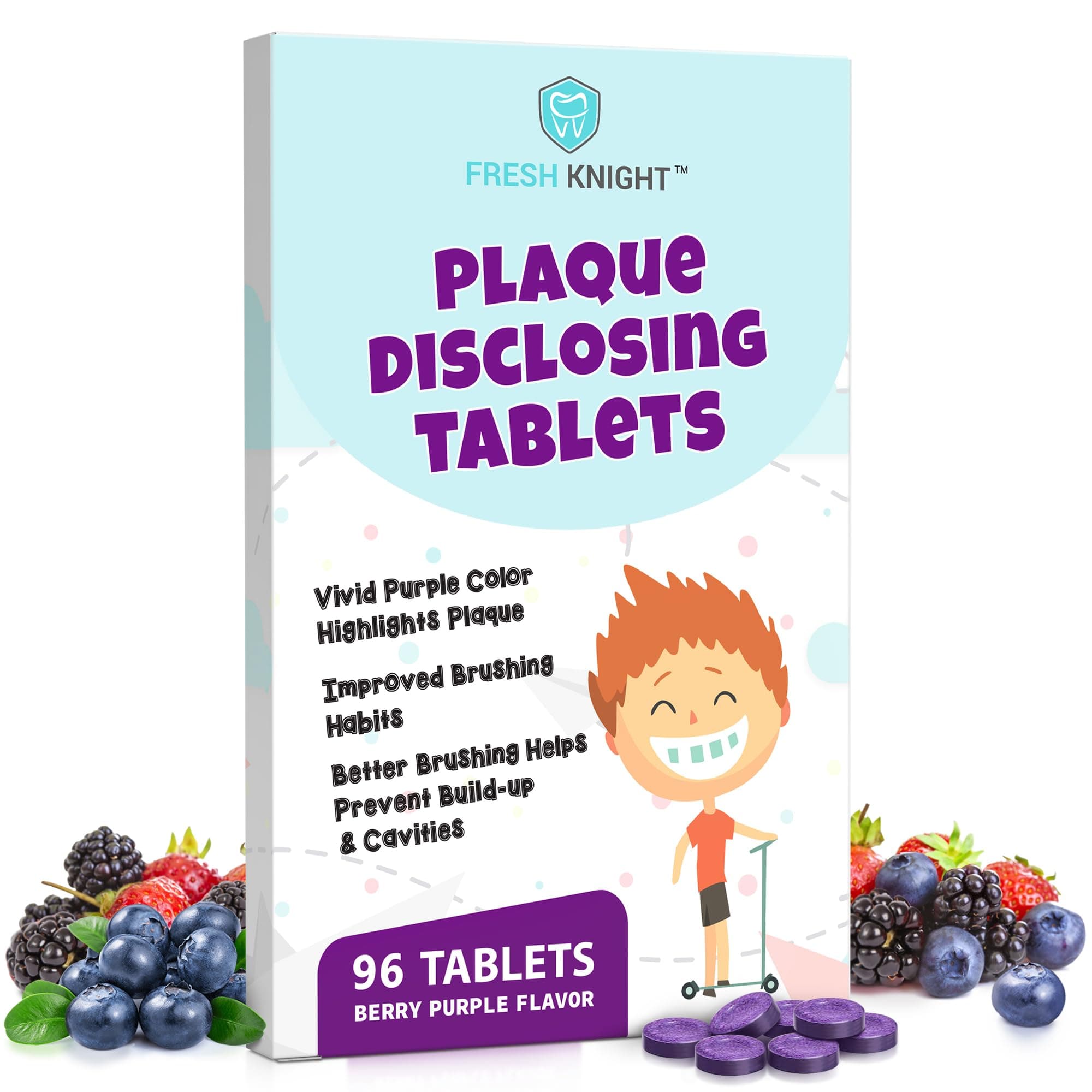 Plaque Disclosing Tablets for Teeth, 96 Count, Dental Disclosing Tablets for Kids or Adults, Shows Plaque, Helps Teach Kids Teeth-Brushing Habits for Clean Smile, by Fresh Knight, (Pack of 1)