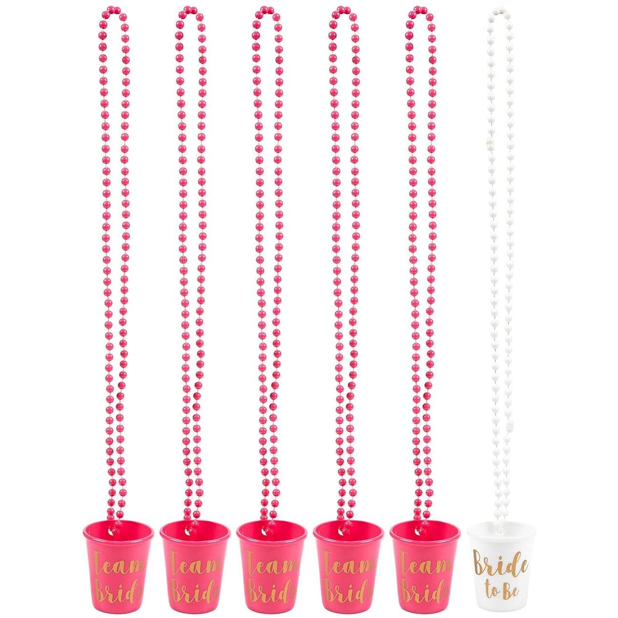 Sparkle and BashSparkle and Bash 6 Pack Team Bride and Bride to Be Plastic Beaded Shot Glasses Necklaces - For Bachelorette Hot Pink & White with Gold Font - 30.4 Inches Long Bachelorette Shot Glass Necklaces
