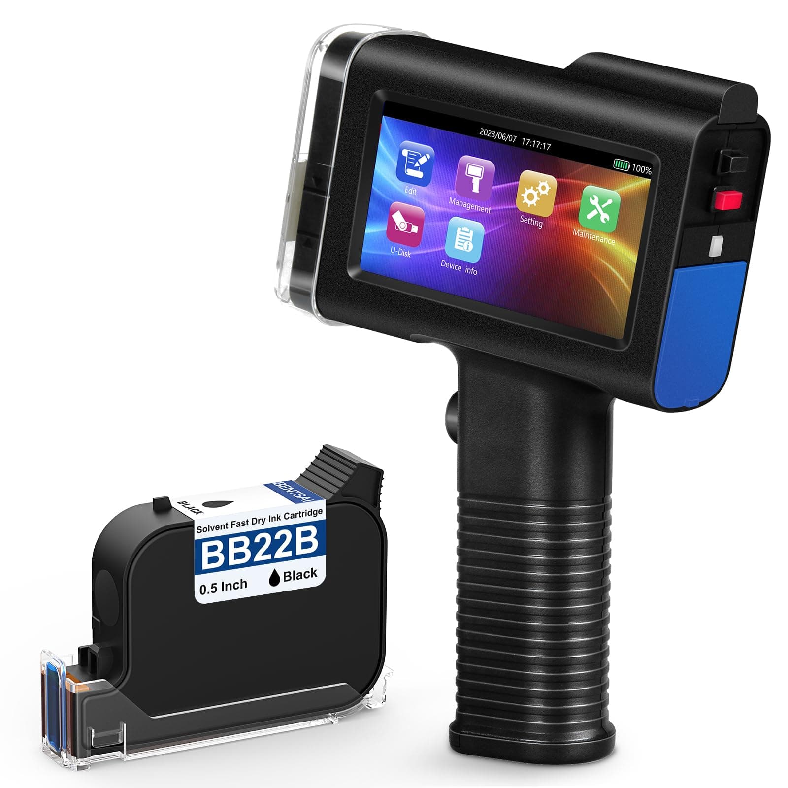 BT-HH6105B2 Handheld Inkjet Printer with HD LED Touch Screen for Logo Barcode Label Series Number Production Date (Blue, 4.3In)