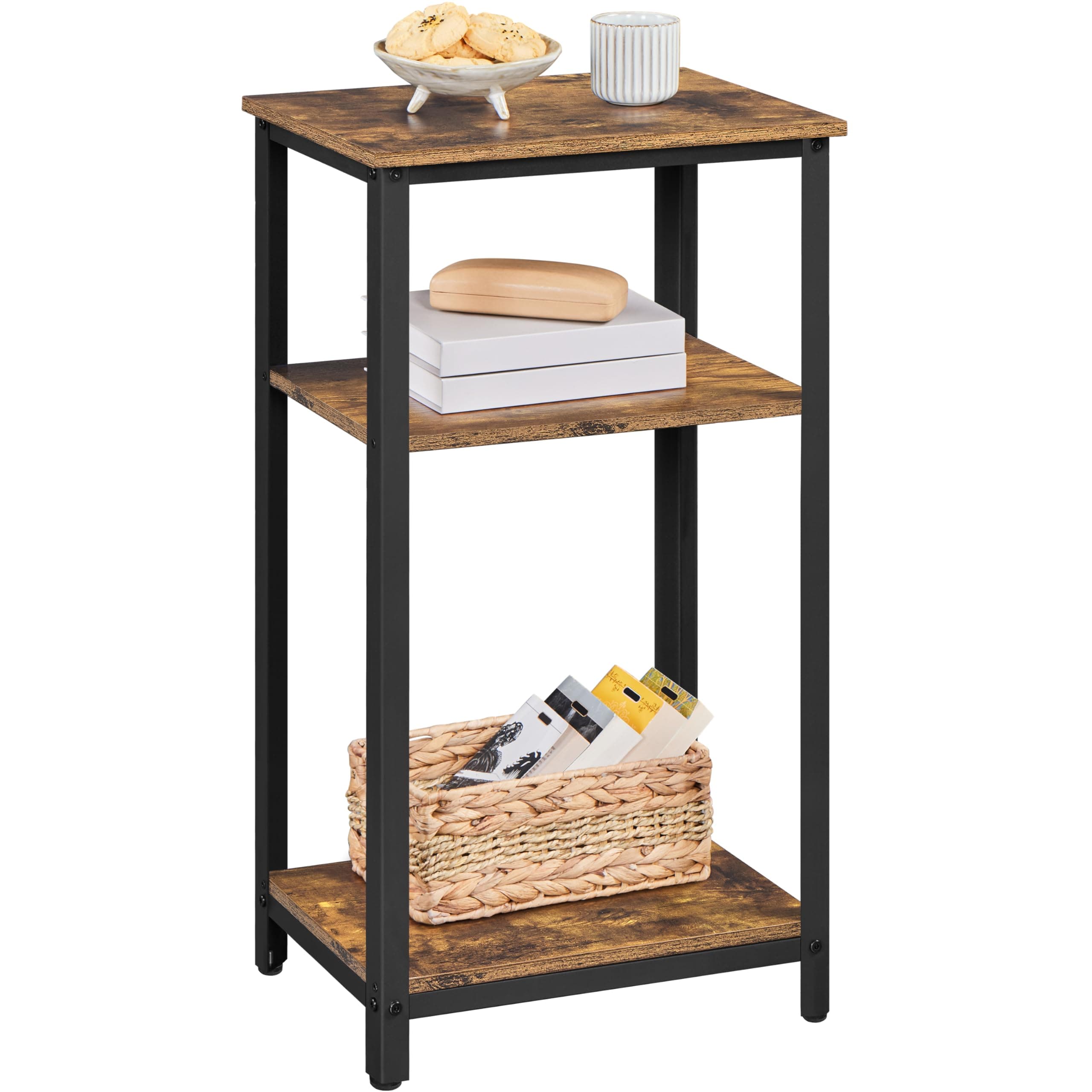 Yaheetech Tall End Table, 30 in Industrial Side Table with Strong Wooden Shelves, Slim 3-Tier Telephone Table with Metal Frame for Living Room, Small Places - Rustic Brown