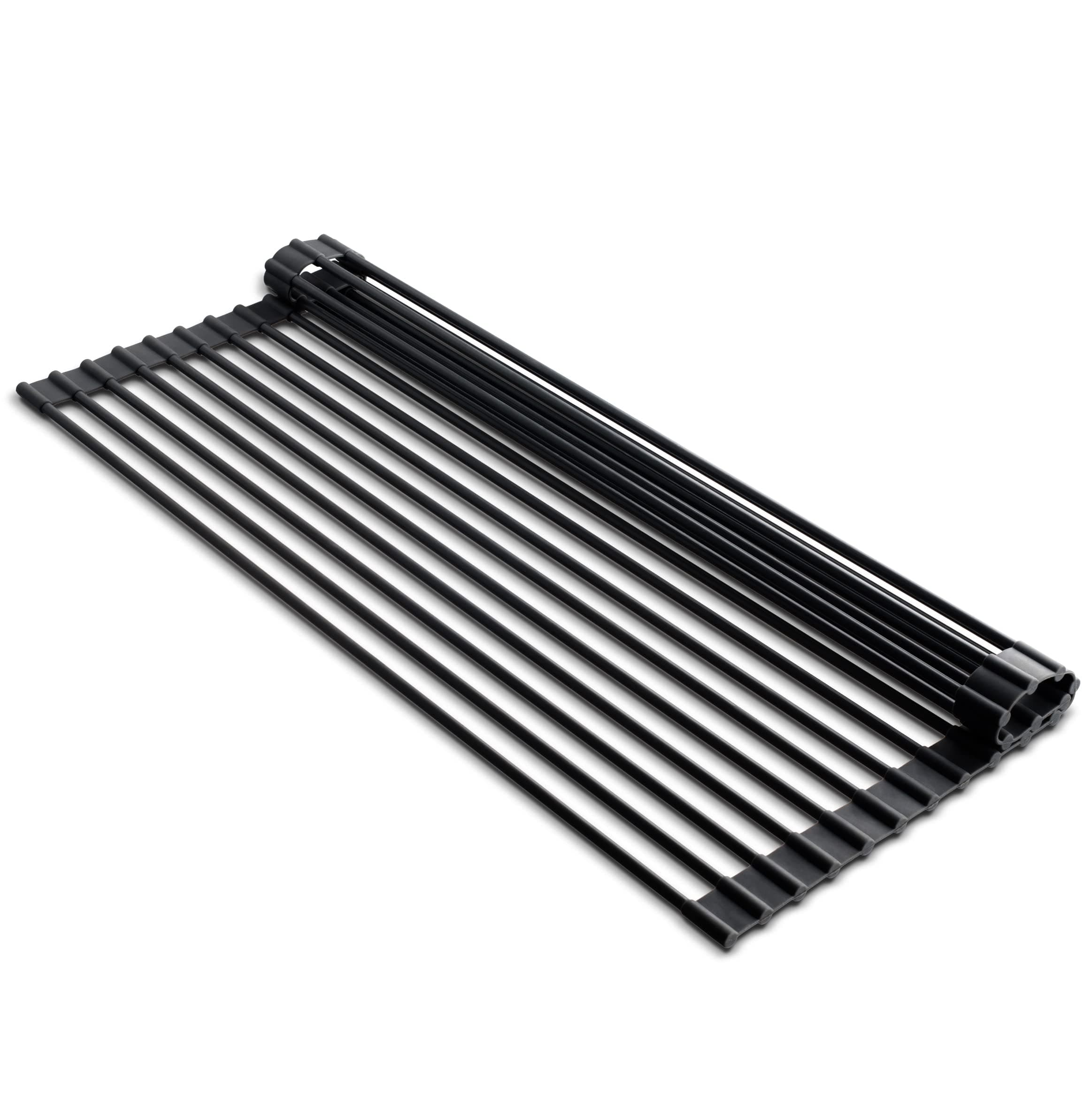 edge Roll Up Dish Drainer, Over The Sink Multi-Purpose Foldable Drying Rack, Silicone Coated Black, Medium- 17" x 13.1"