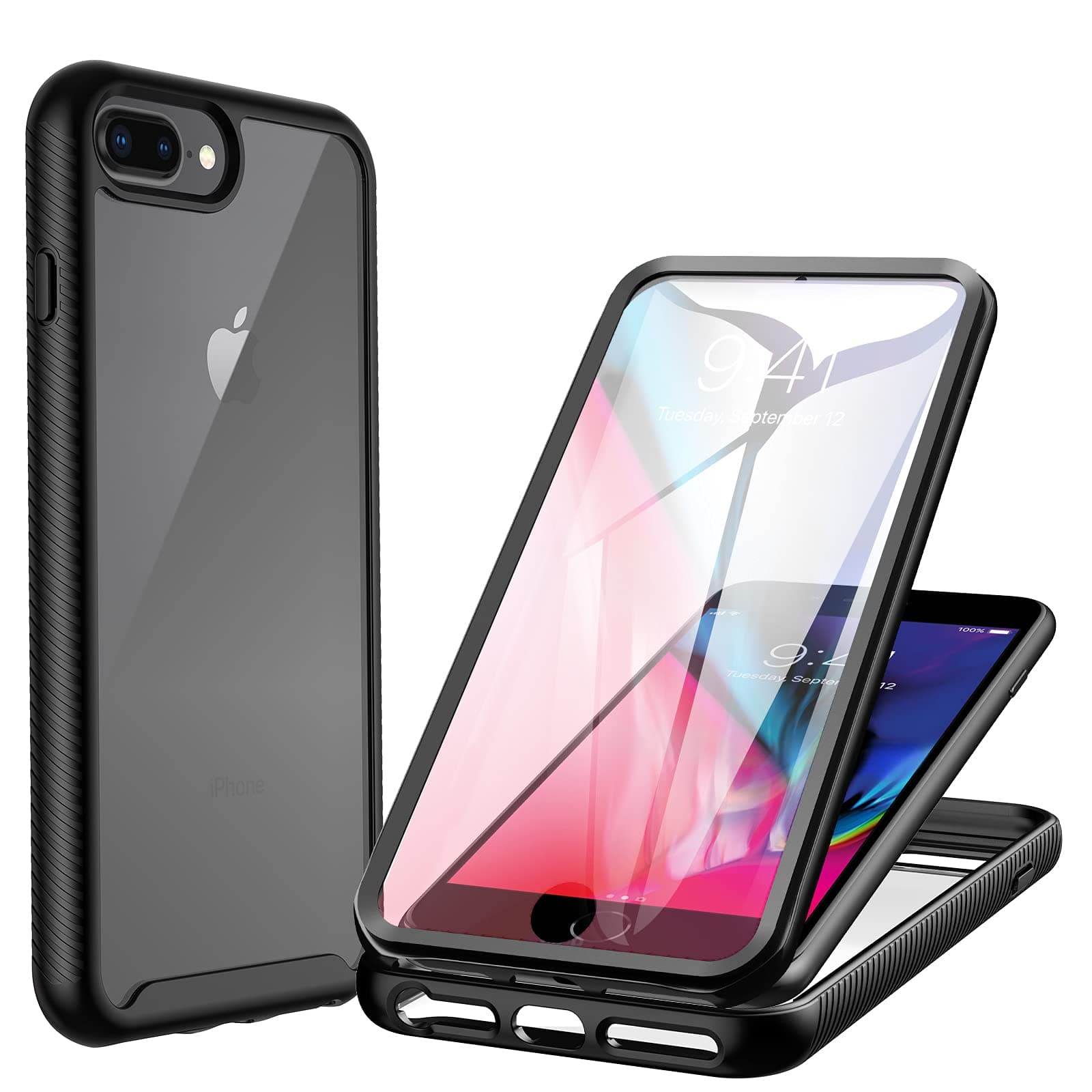 CENHUFO Case for iPhone 8 Plus/iPhone 7 Plus/iPhone 6S Plus/6 Plus, Shockproof Case with Screen Protector, 360° Protected Phone Double Sided Full Case Portable Transparent – Black