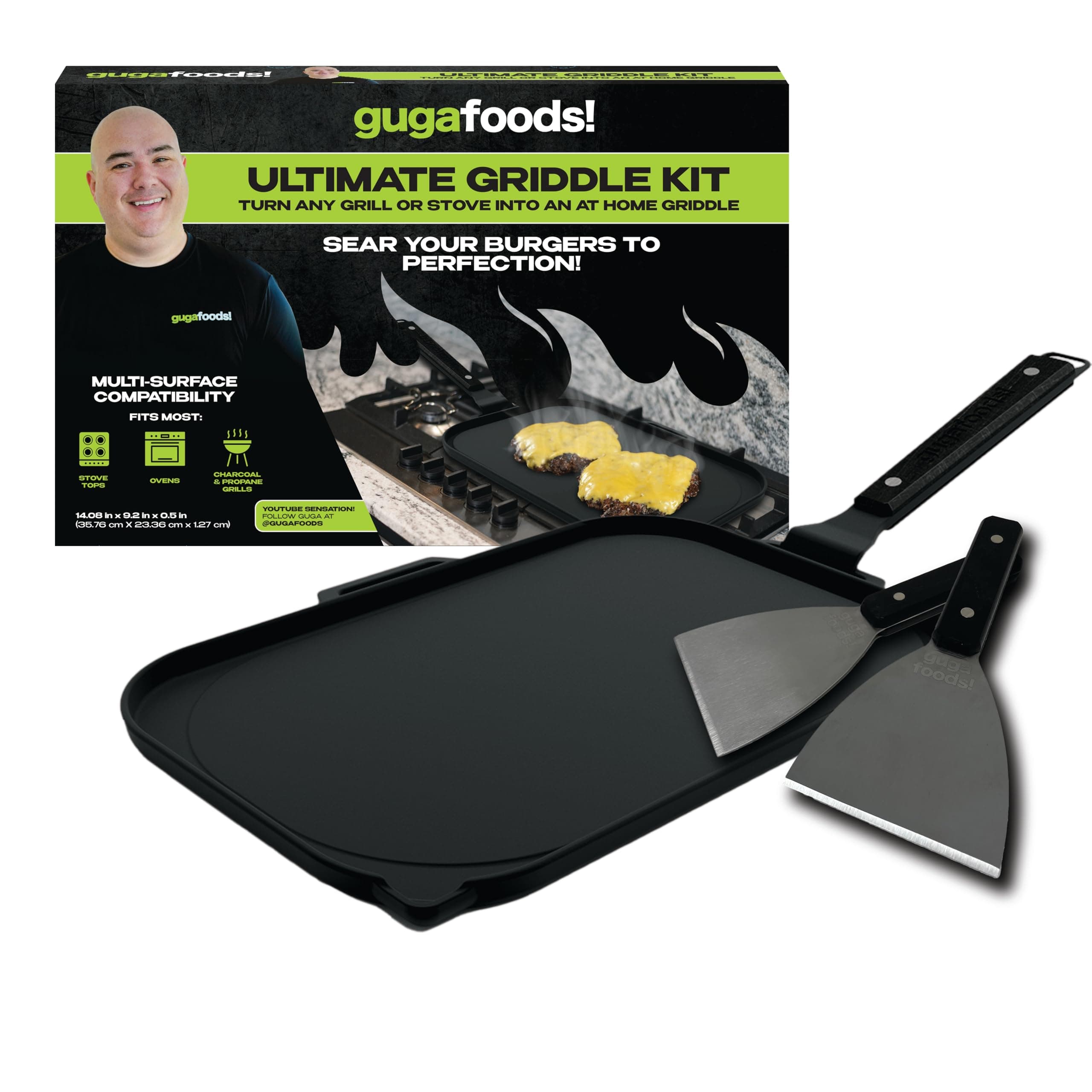 Guga Foods Ultimate Griddle Kit Set- Transform Any Grill or Stove, Includes Cast Iron Griddle with Detachable Handle, Stainless Steel Angled & Straight Edge Spatulas, For Cooking Indoor Or Outdoor